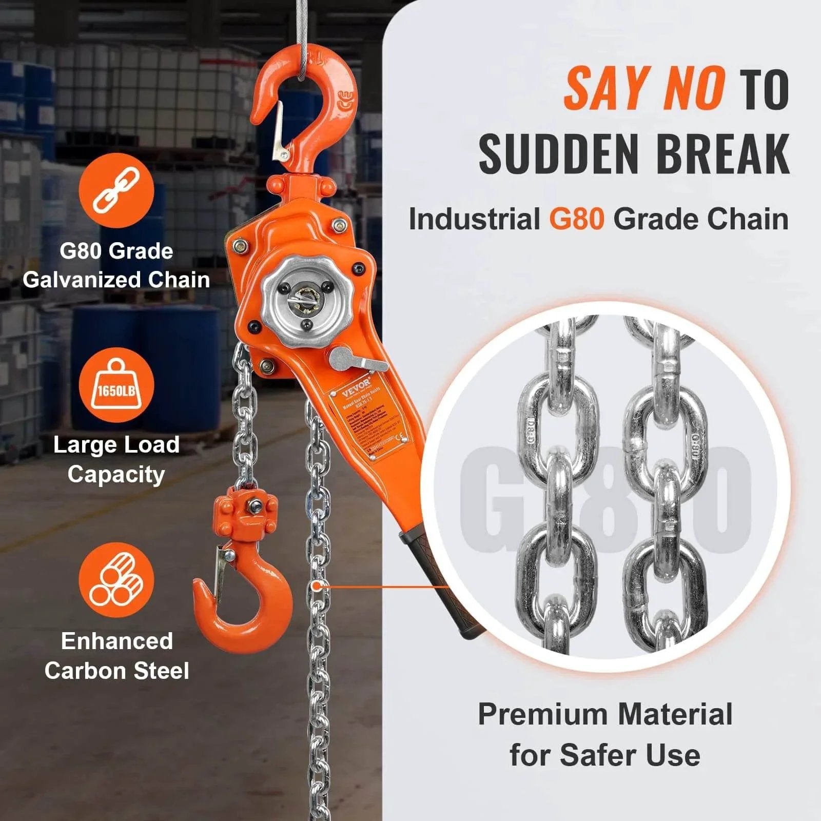 Manual Lever Chain Hoist 0.75 Ton 1650 Lbs 10 Ft Come Along Weston Double Pawl Brake Galvanized Steel 360 Degree Hook with G80 chain
