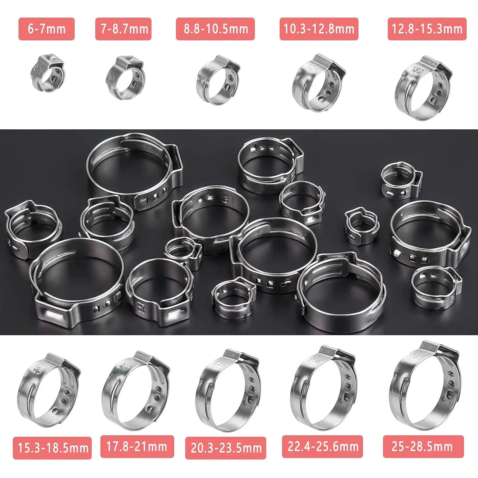 40 Pack 15.3mm To 18.5mm Single Ear Hose Clamps PEX Cinch Clamps Stainless Steel 304 Crimp Hose Clamp displayed with size labels