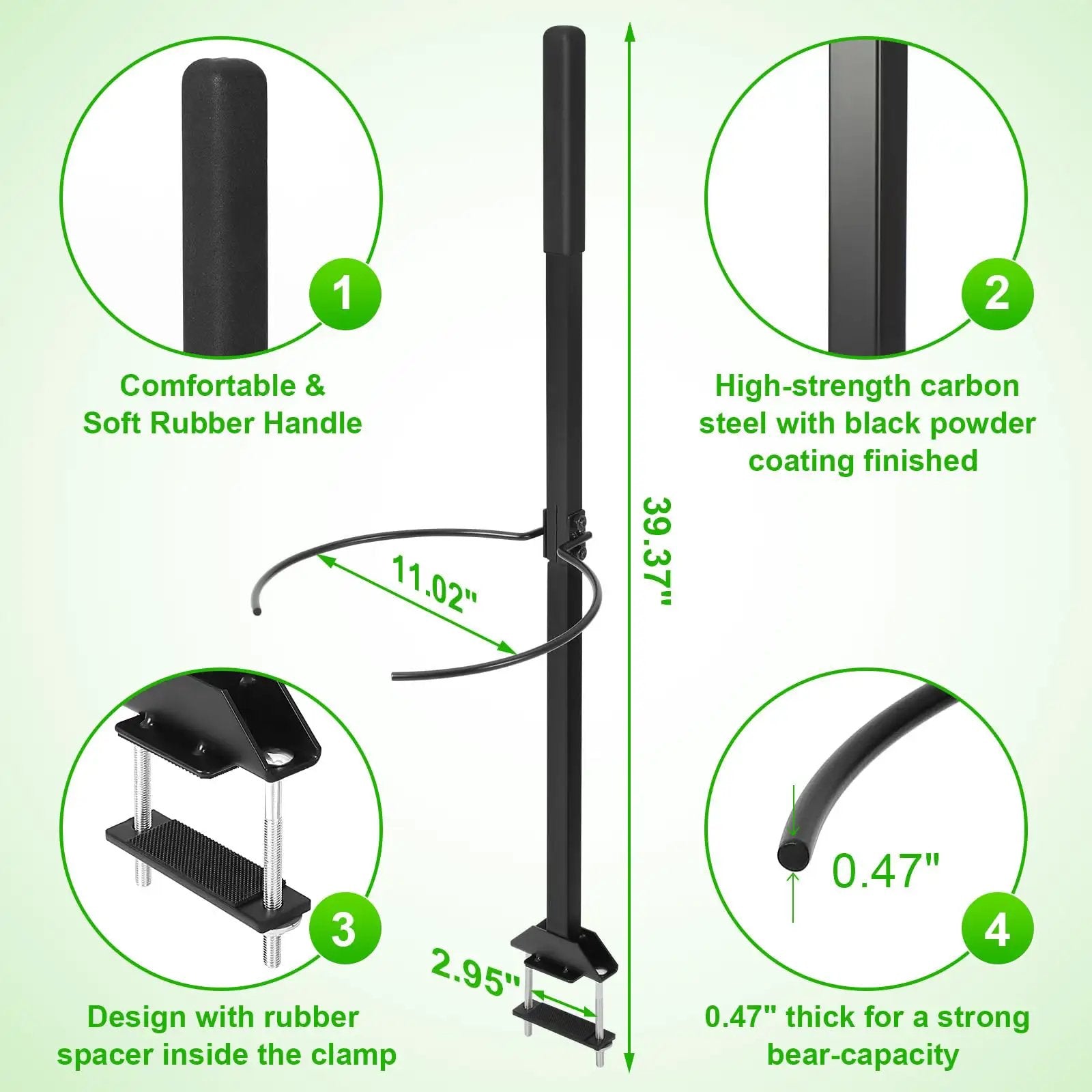 Diagram showing Zero Turn Mower Handle With 5 Gallon Bucket Bracket And Clip For Outdoor Yard Cleanup, CAROD Heavy Duty Lawn Mower Accessories Kit