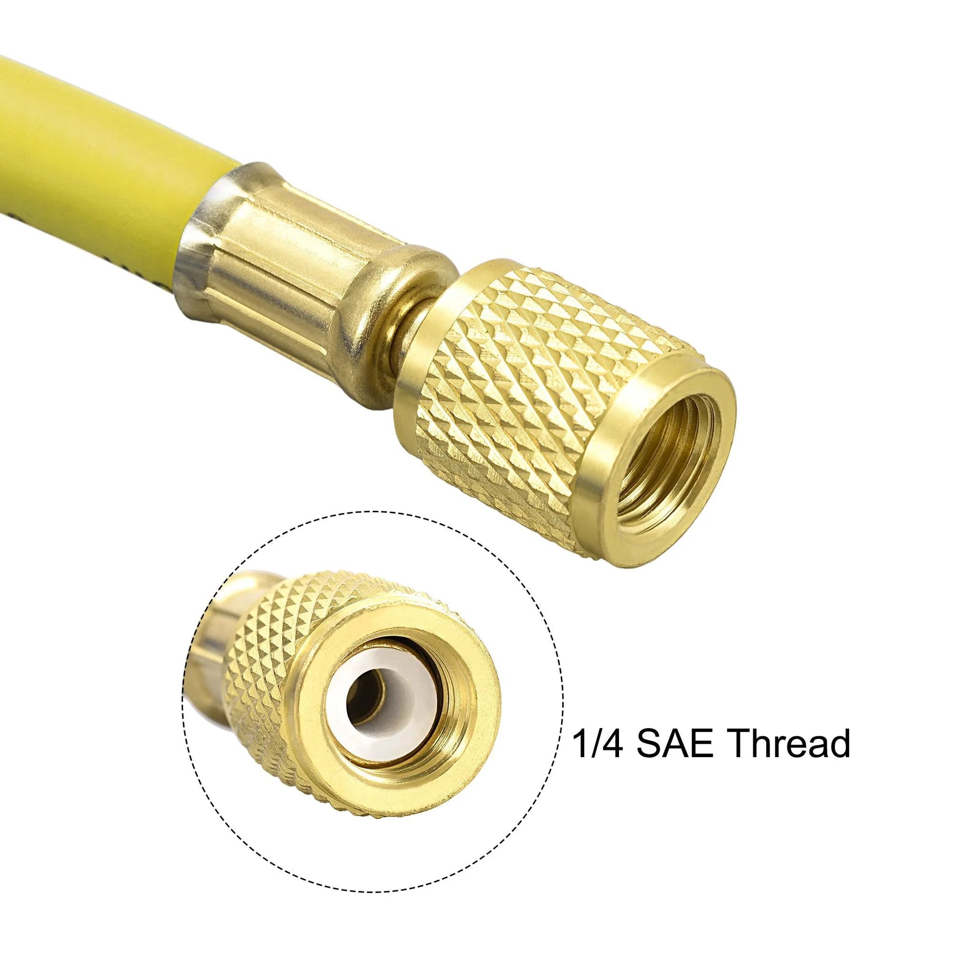 Close-up of Refrigerant Charging Hose For Home DIY AC And Refrigeration Maintenance One Quarter SAE Flare Thread 0.9m Length 500 PSI Working Pressure Compatible With R22 R12 R134a Yellow Flexible Rubber Hose With Iron Copper Plated Connectors showing threaded connector details.