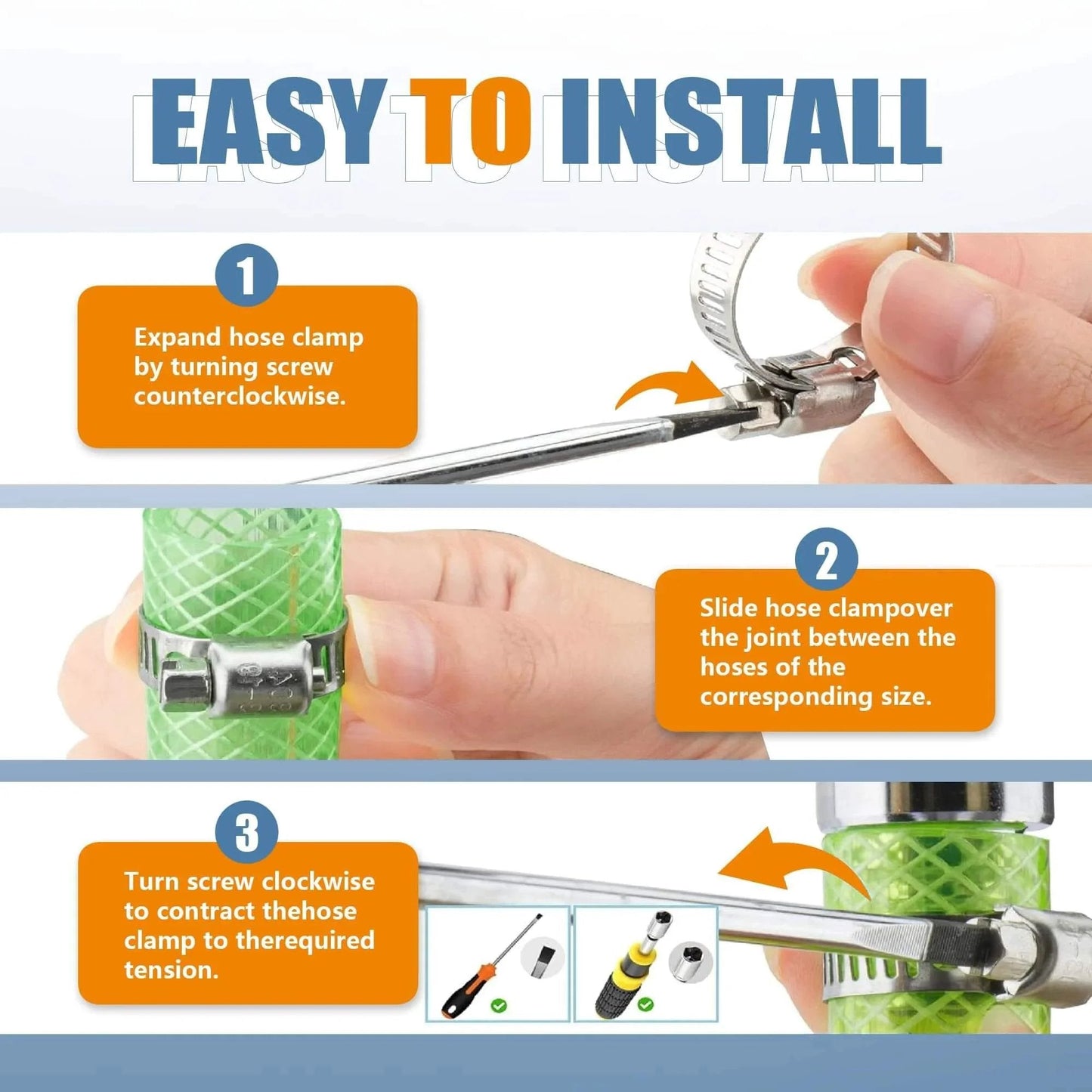 Installation steps for Hose Clamps Assortment Kit 20 Pieces One Quarter To One And A Half Inch Stainless Steel Adjustable Worm Gear Tube Clamps