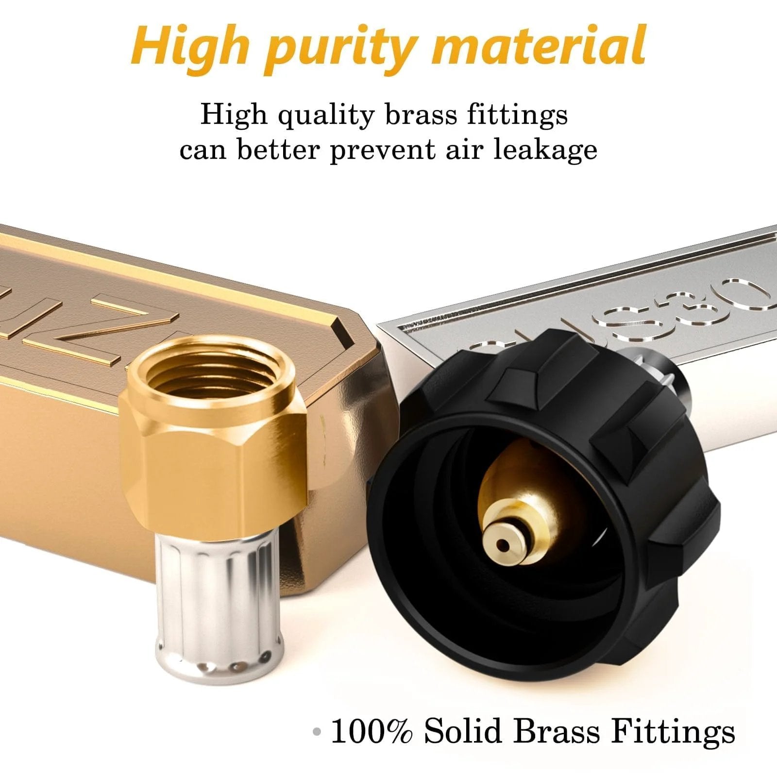 Close-up of adjustable propane regulator with brass fittings showcasing 0 to 60 PSI gauge and hose for LP gas cookers.