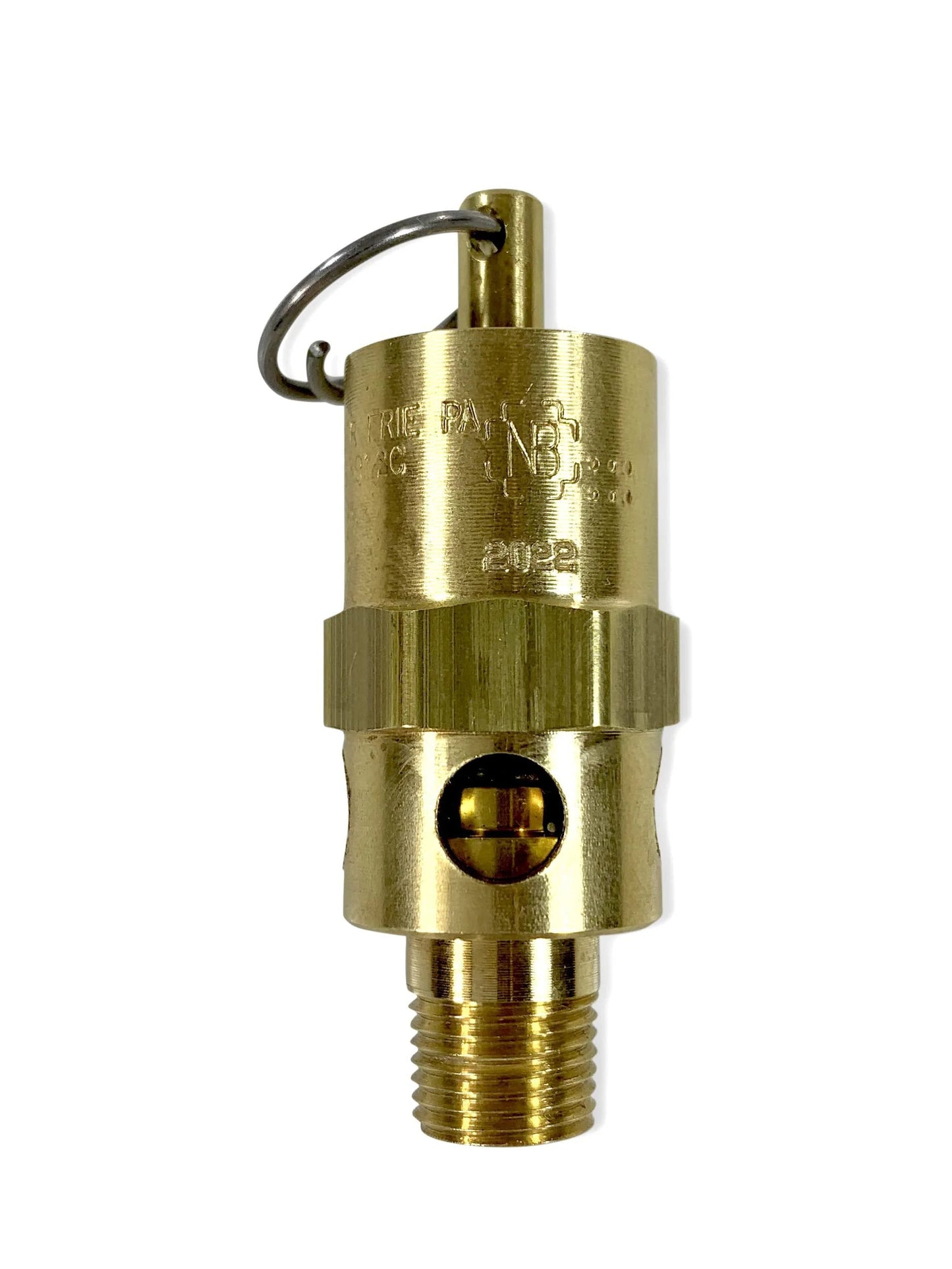 Brass One Eighth Inch NPT Industrial Hard Seat Safety Pressure Relief Valve, 150 PSI Preset, close-up view