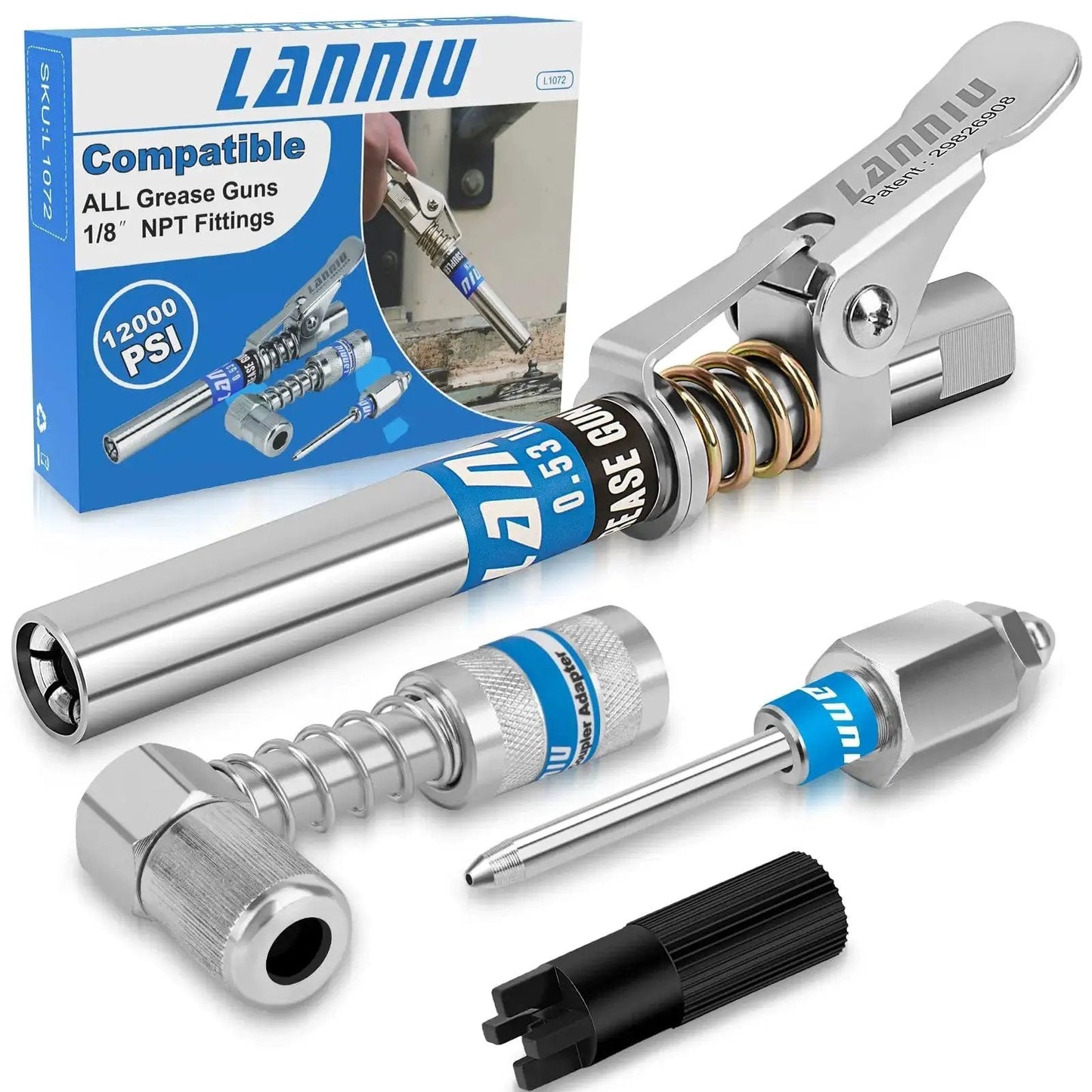 Grease Gun Coupler Kit With 12000 PSI Strength All In One Kit Extra Reach 90 Degree Adapter Precision 2MM Narrow Needle Tip Cleaning Tool