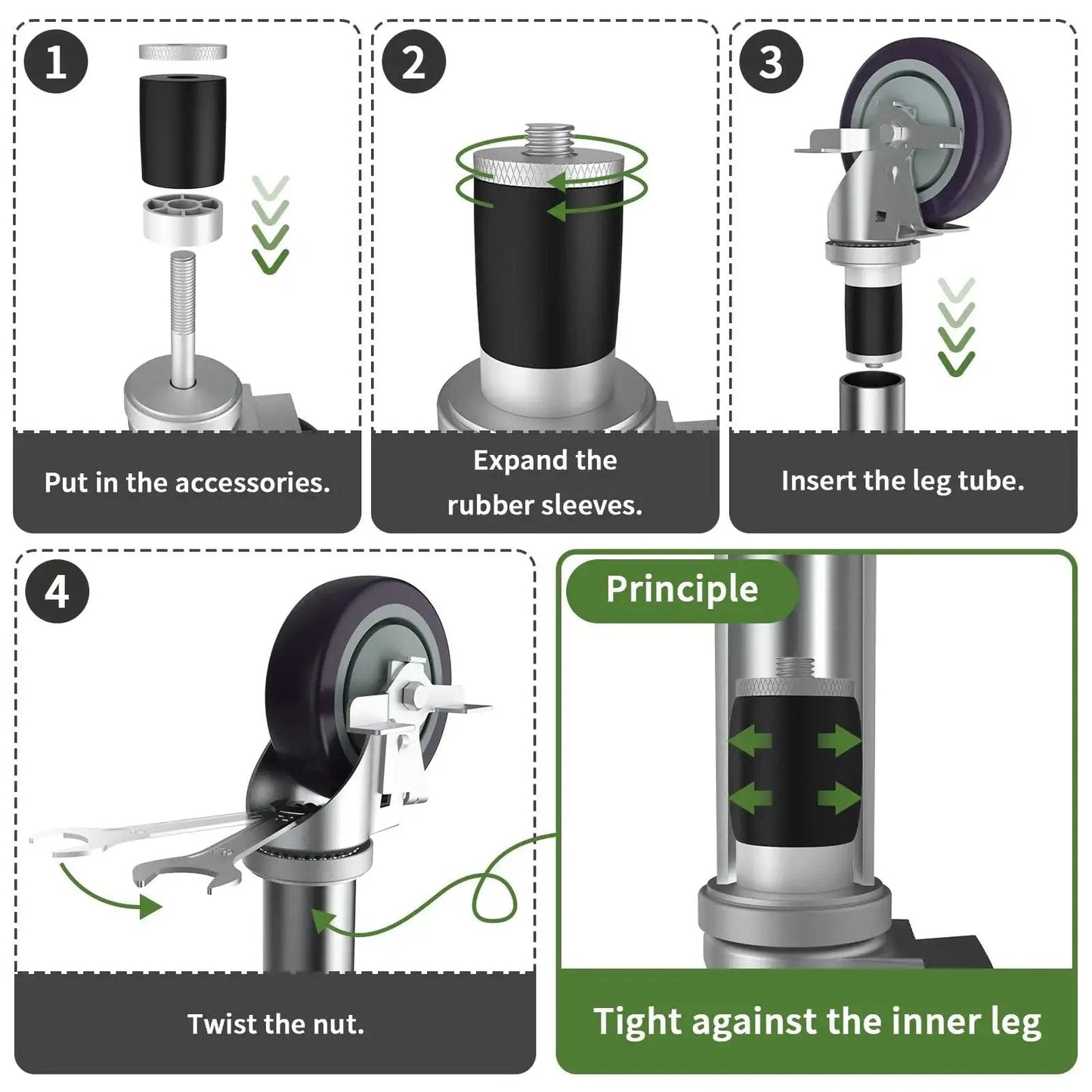 Installation steps for 5 Inch Expanding Stem Caster Set Of 4 With Brakes For Table Legs, showing assembly and secure fit process.
