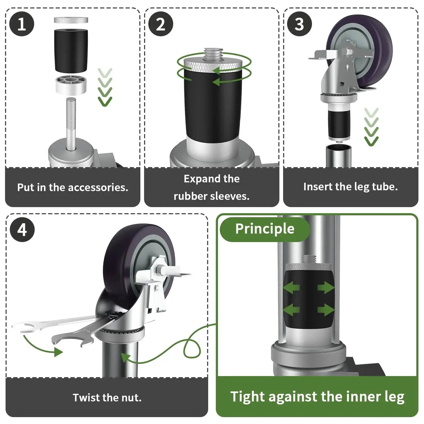 Installation steps for 5 Inch Expanding Stem Caster Set Of 4 With Brakes For Table Legs, showing assembly and secure fit process.