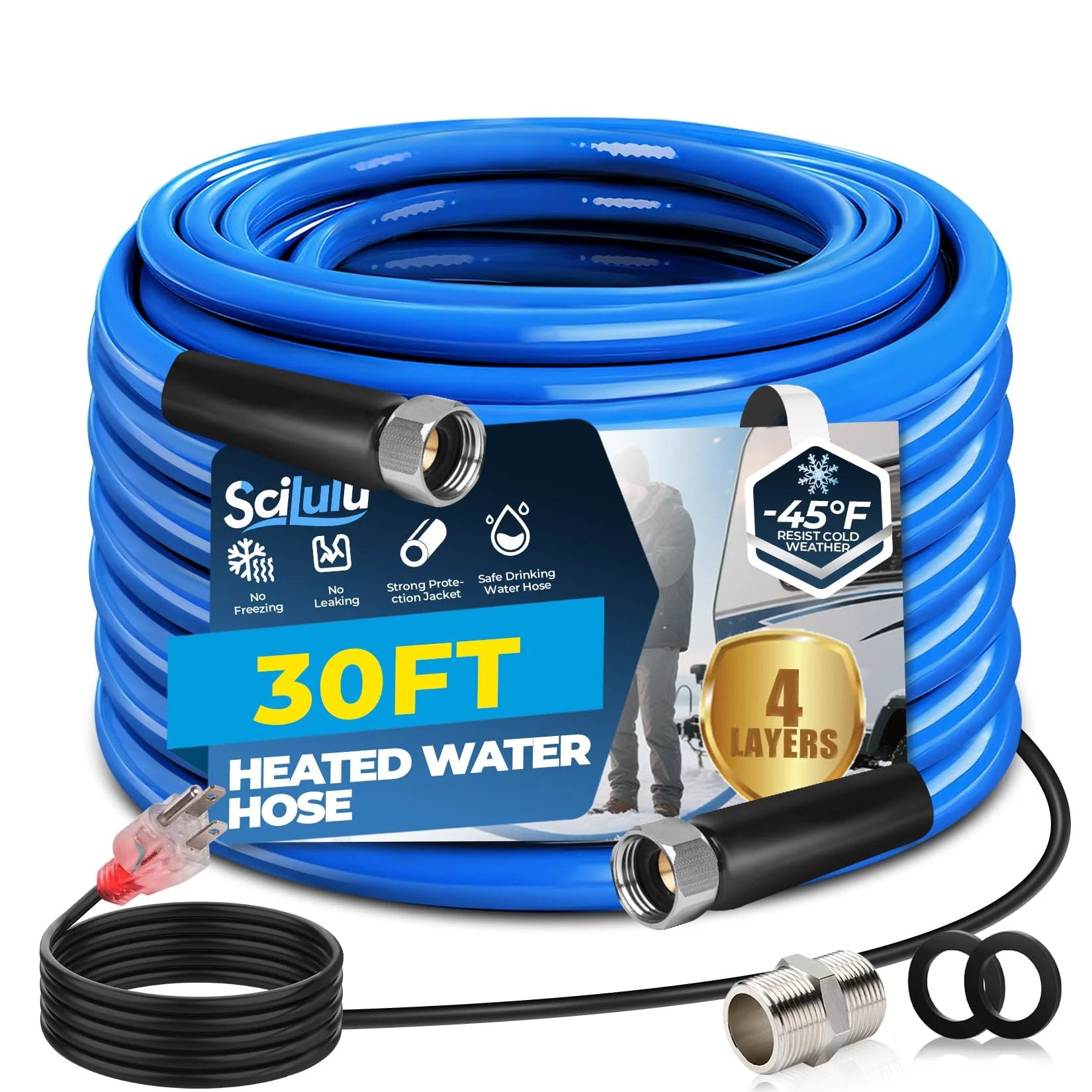 Heavy Duty Heated Water Hose For RVs And Home Use, Scilulu 30ft With Smart Temperature Control, coiled and labeled with features.