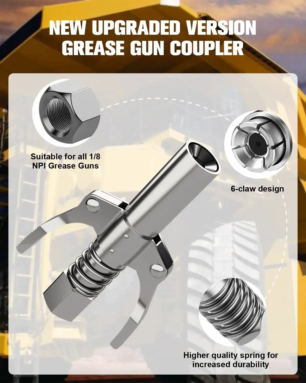 Illustration of heavy duty grease gun coupler with six jaw locking seal and quick release for ten thousand PSI high pressure