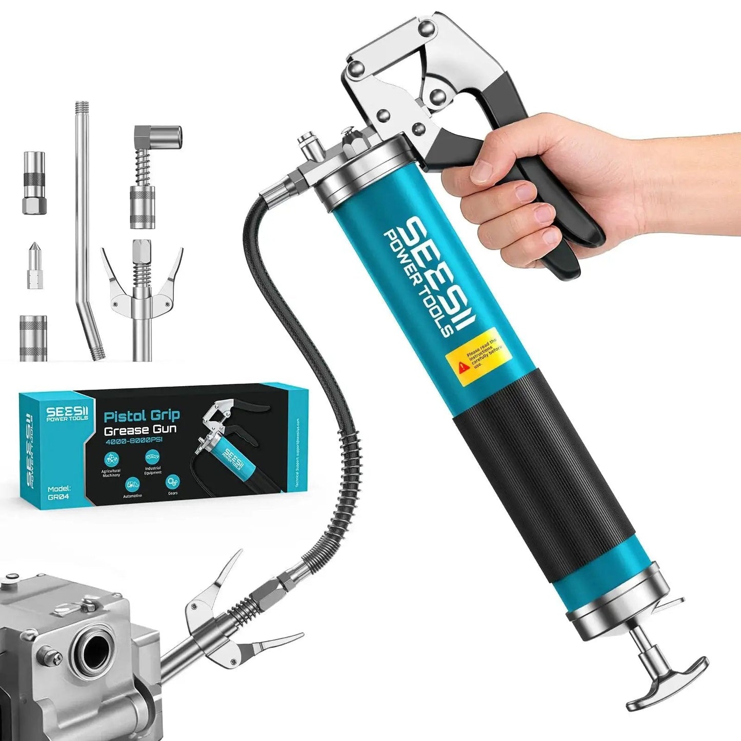 Heavy Duty 8000 PSI Pistol Grip Grease Gun Kit With 14 Ounces Capacity Quick Release Coupler 90 Degree Adapter Flexible Hose And Rigid Pipe For Automotive Agricultural Industrial Marine Applications Seesii