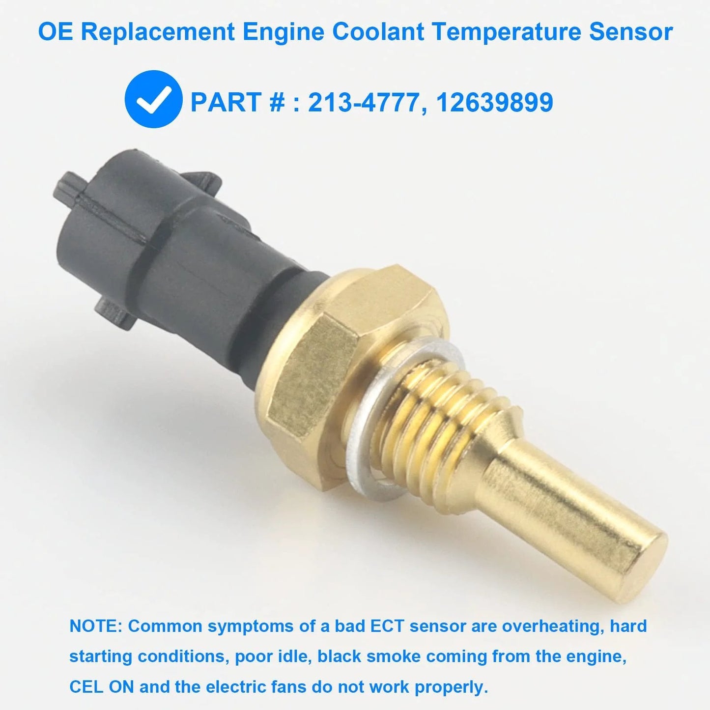 Engine Coolant Temperature Sensor Replacement For GM Vehicles 213-4777 12639899 showing front view, brass body, black connector, for GM SUVs.