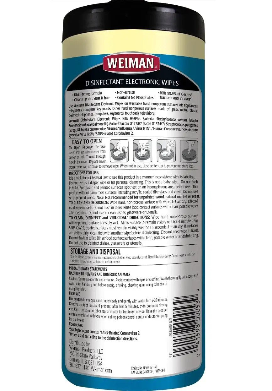 Back label of Electronic Screen Cleaner Wipes 4 Pack For Laptops Computers And TVs Kills Germs
