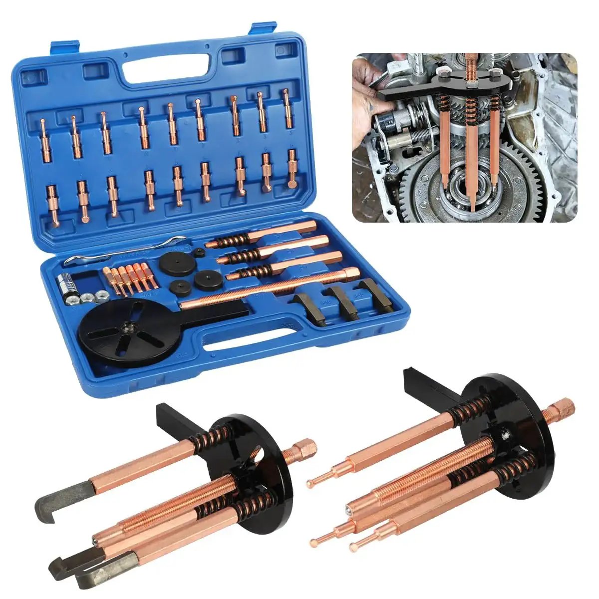 Versatile Bearing Puller Kit For Internal And External Removal 36 In 1 with three jaw puller and bearing separator in blue case