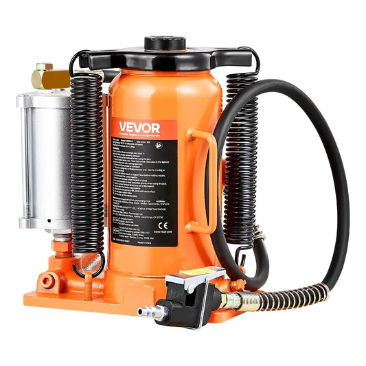 Front view of 20 Ton Air Hydraulic Bottle Jack With Pneumatic And Manual Lift For Cars Trucks, showing cylindrical body and hoses.