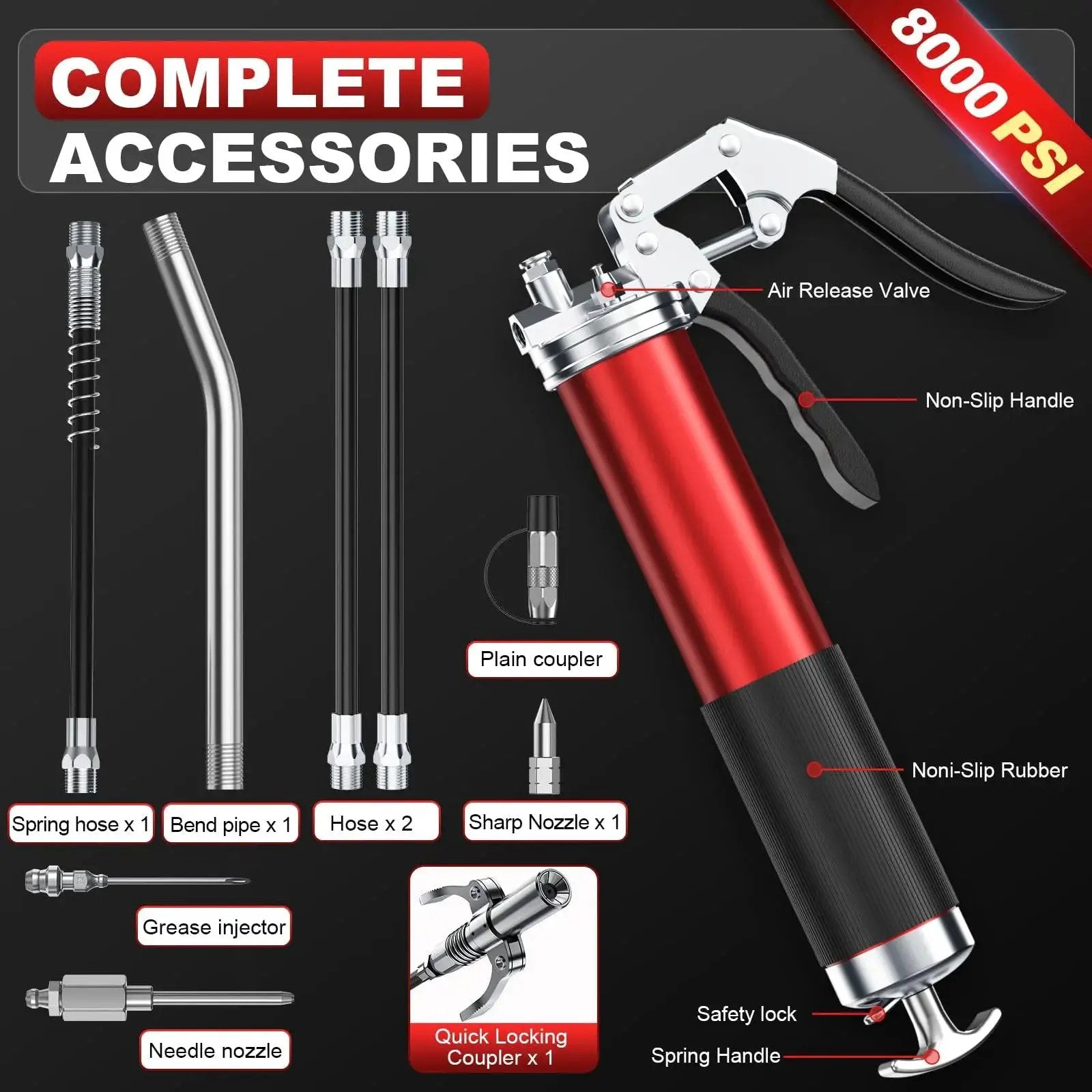 Heavy Duty 8000 PSI Pistol Grip Grease Gun Kit With Quick Locking Coupler Spring Flex Hose 14 Ounce Load Two Standard Hoses