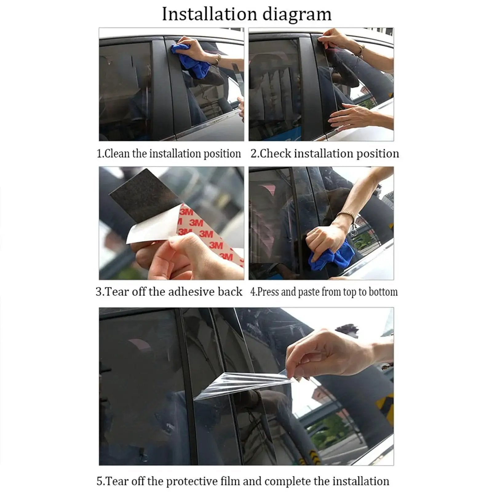 Installation steps of Jeep Cherokee B Pillar Trim Molding 6 Pieces Compatible 2014-2022 PC Durable with adhesive backing.