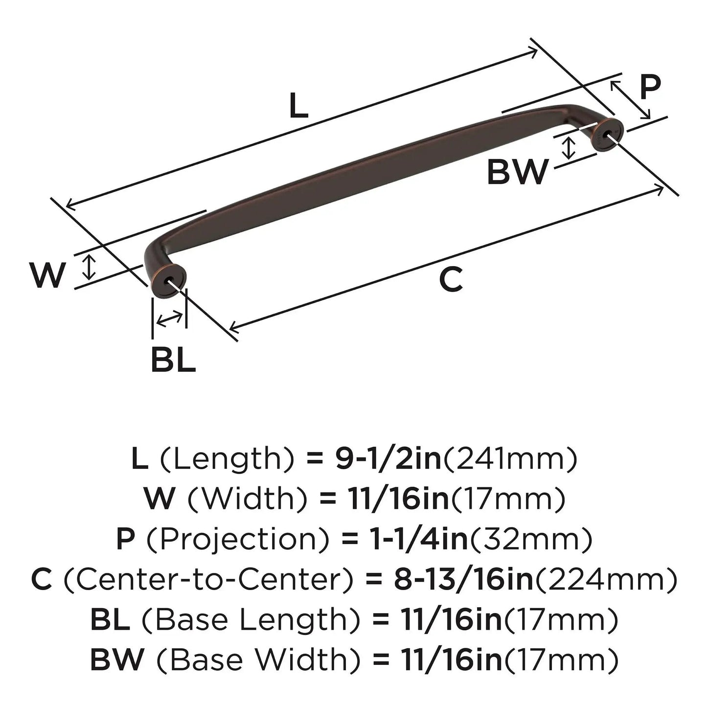 Diagram of Oil Rubbed Bronze Cabinet Pull in Transitional Style, center to center 8.8125 inch, overall length 9.5 inches, Model BP53809ORB.