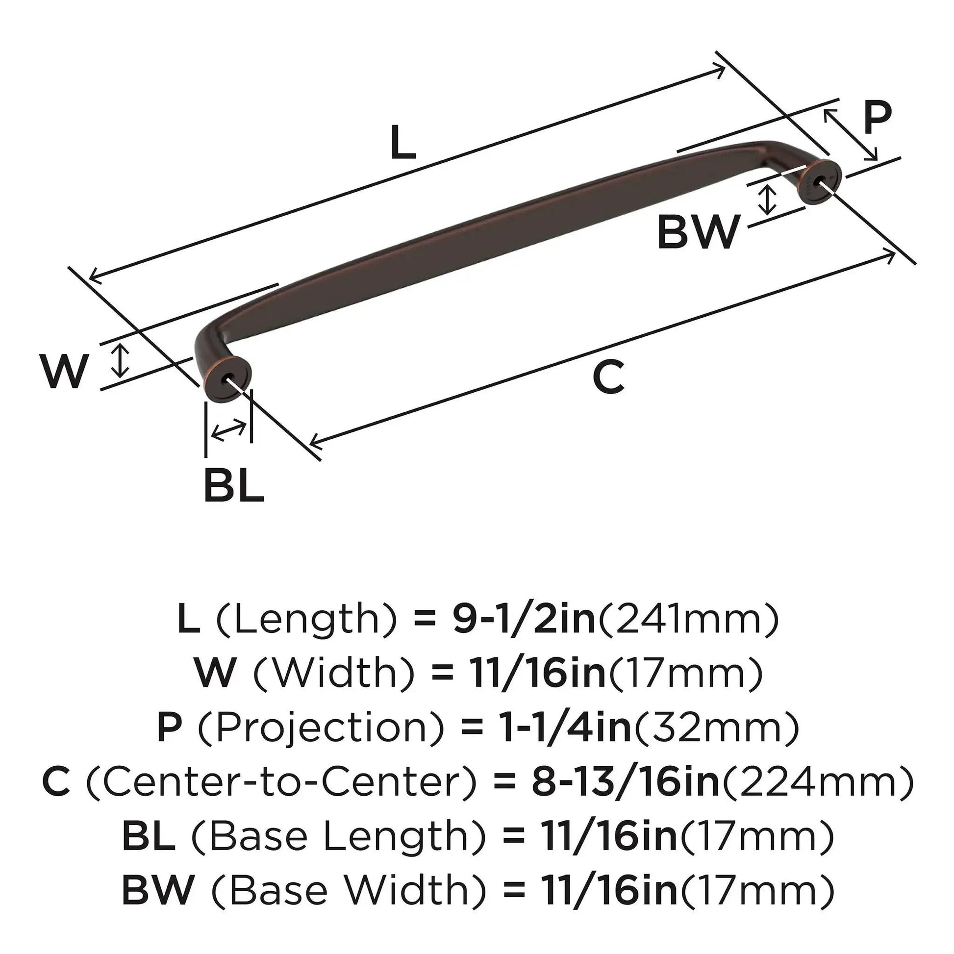 Diagram of Oil Rubbed Bronze Cabinet Pull in Transitional Style, center to center 8.8125 inch, overall length 9.5 inches, Model BP53809ORB.