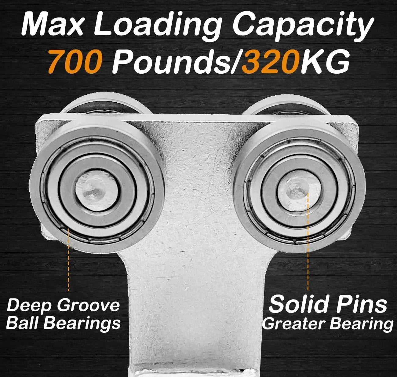 Close-up of 4 Wheel Trolley Assembly showing deep groove ball bearings and solid pins, 700 lb capacity per trolley, designed for 1-5/8 Inch Unistrut Channel Galvanized Steel Silent Operation High Load Capacity Up To 1000 Pounds Per Trolley Pack Of 2 Ideal For Industrial Applications And Smooth Quiet Performance In Harsh Environments.
