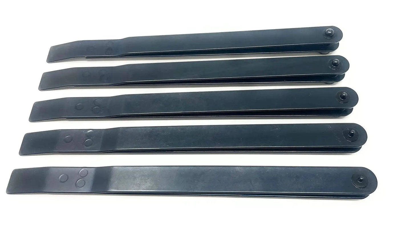Pro Grade Durable Stainless Steel 5 Piece 6 Inch Hole Finder Tools Kit For Sheet Metal Strap Duplicator Includes Hole Sizes Forty Thirty Twenty One Ten And One Quarter Inch For Quick Precise Layer To Layer Hole Alignment, black metal tools with fixed screws, laid flat on white background