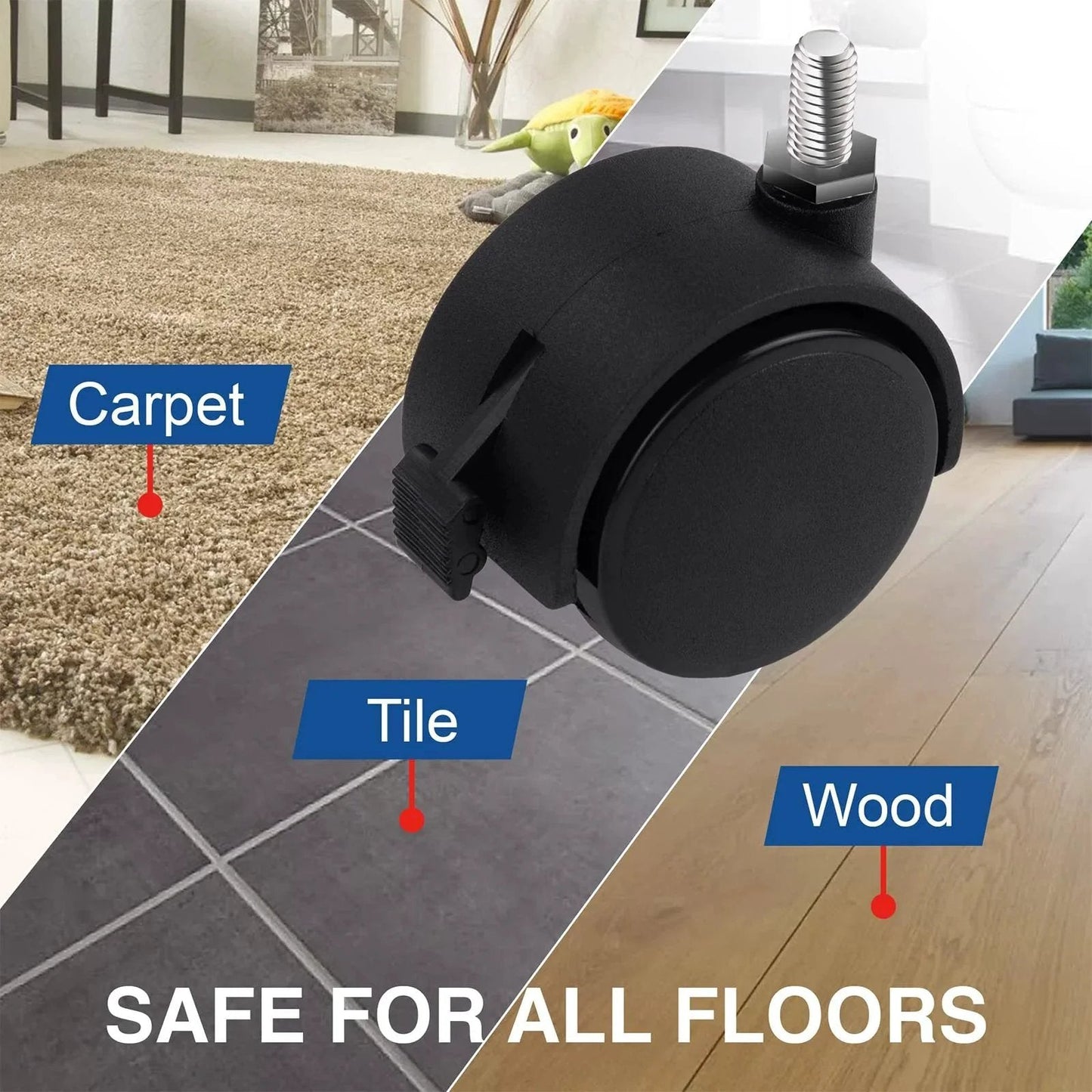 Threaded Caster Set Of 4 M8 X 1.25 Swivel Stem Office Chair Wheels With Locking Brake shown on carpet, tile, and wood floors