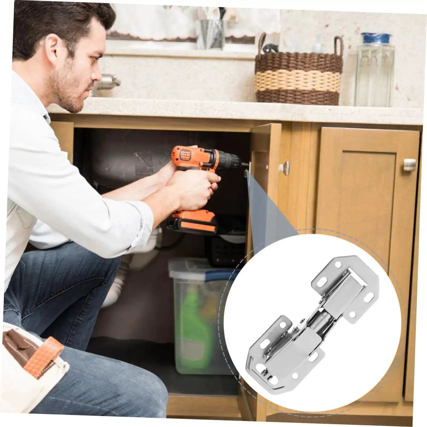 Man installing Heavy Duty 2 Pack Silver Cabinet Hinges For Kitchen Cupboards And Wardrobes Thickened Bridge Design With High Load Bearing Capacity