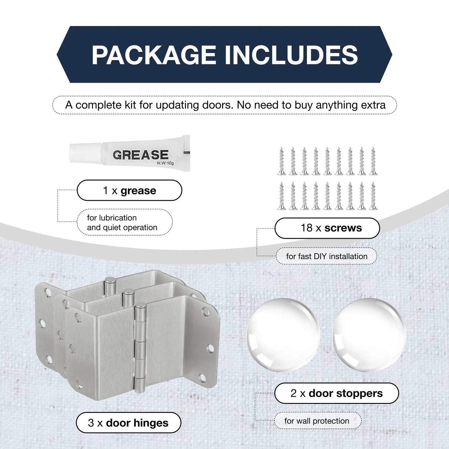 Package includes 3 Pack Offset Door Hinges Brushed Nickel 3.5 Inch 5/8 Inch Radius Swing Clear For Exterior And Interior Doors With Wall Stopper And Grease Heavy Duty Hardware
