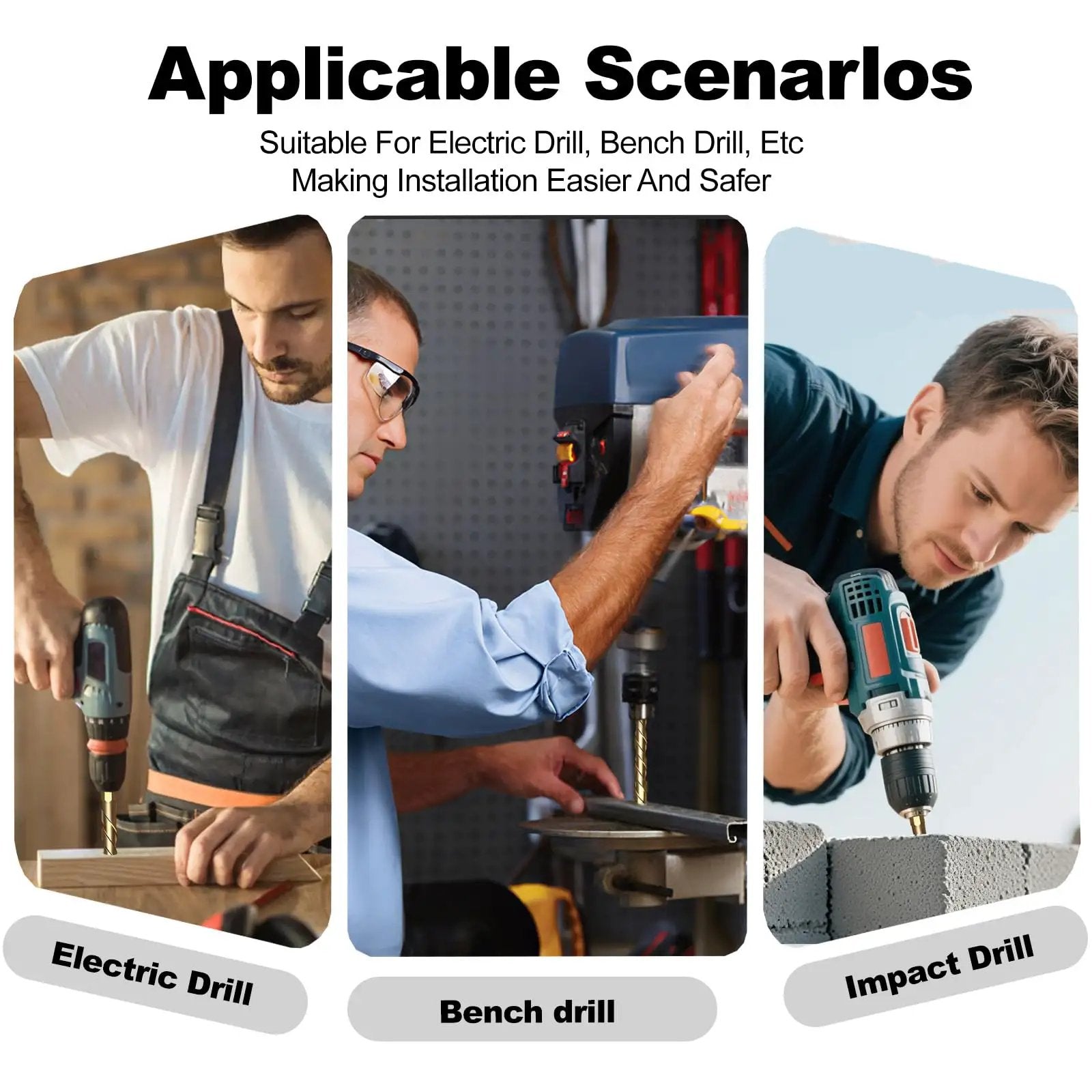 Men using electric, bench, and impact drills with the 1/4 Inch Masonry Drill Bit Set 5 Pack With Carbide Tips for various materials