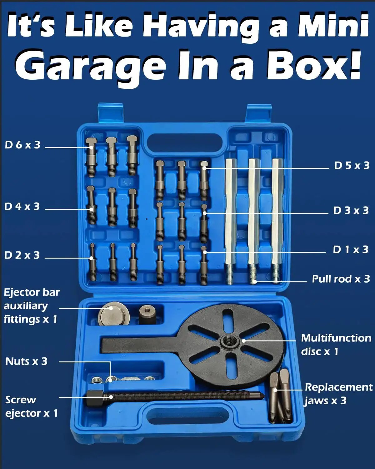 Inner Hole Bearing Puller Set With Three Jaw Design And Curved Hook Rod Steel Collet Storage Case in blue open case showing tools