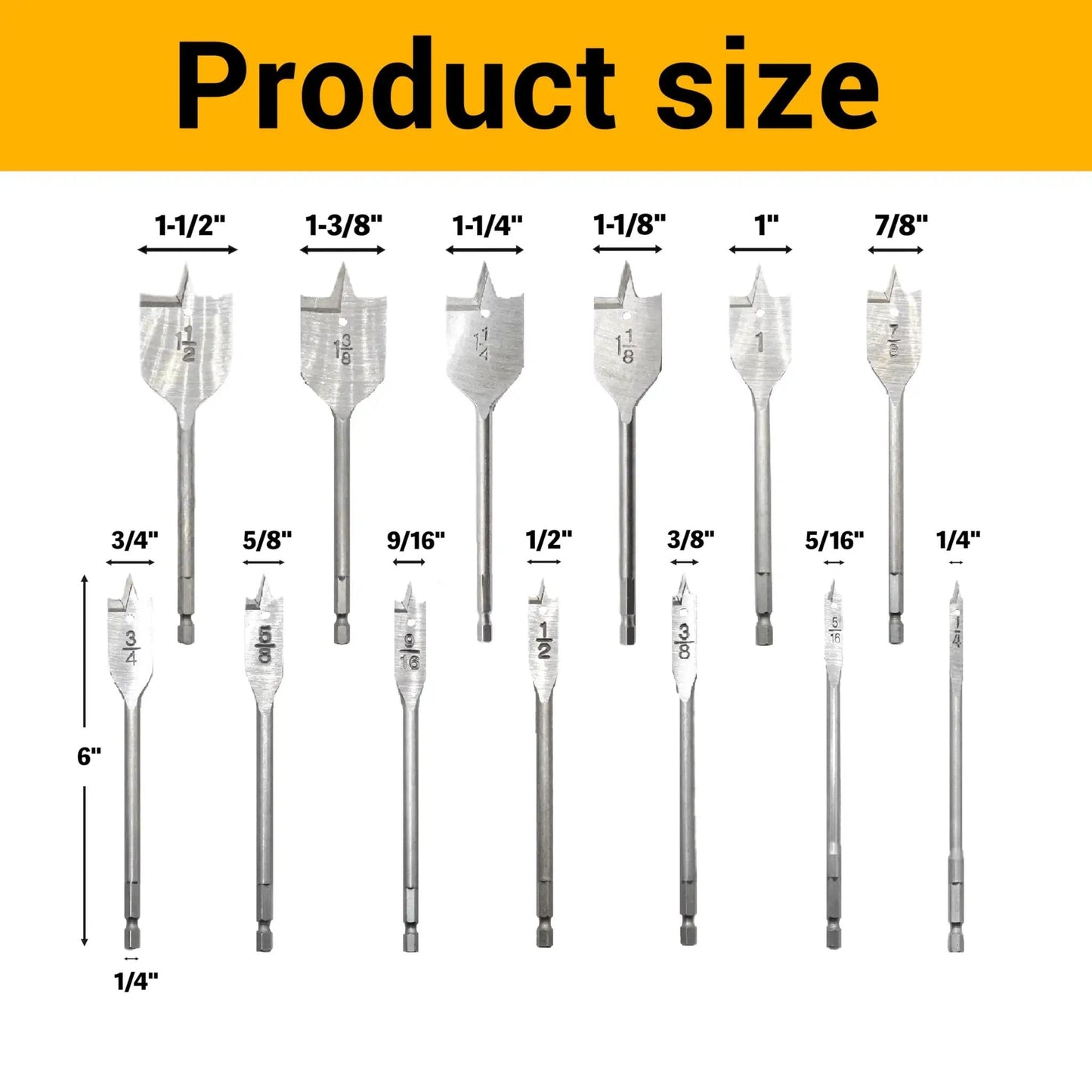13 Piece Spade Drill Bit Set One Quarter To One And One Half Inch With Quick Change Hex Shank For Woodworking And Plastic Hole Cutter, 45 High Carbon Steel Paddle Bits For Durable Woodworking Tools By Wisechain, displayed with sizes.