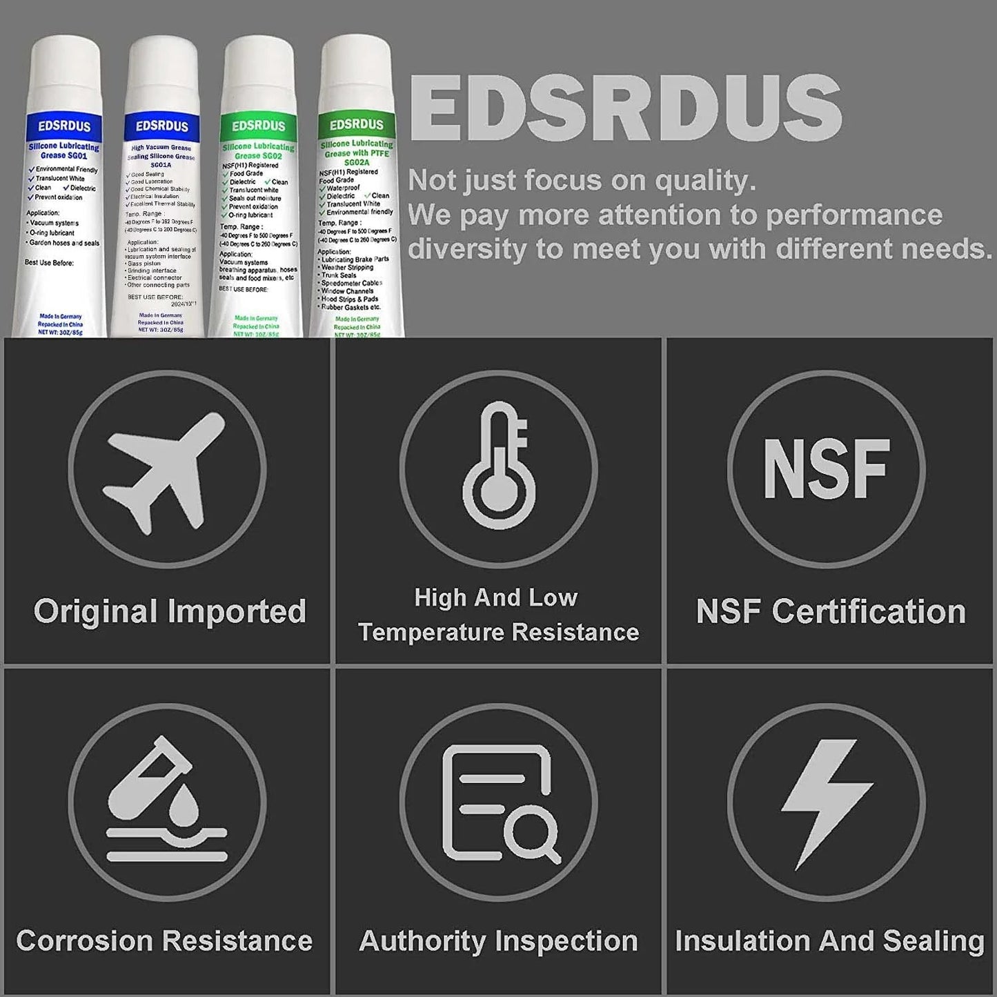 View of EDSRDUS labeled bottles, featuring High Vacuum Grease SG01A Thickened Silicone Sealing Lubricant For Vacuum Pumps And Electrical Insulation.