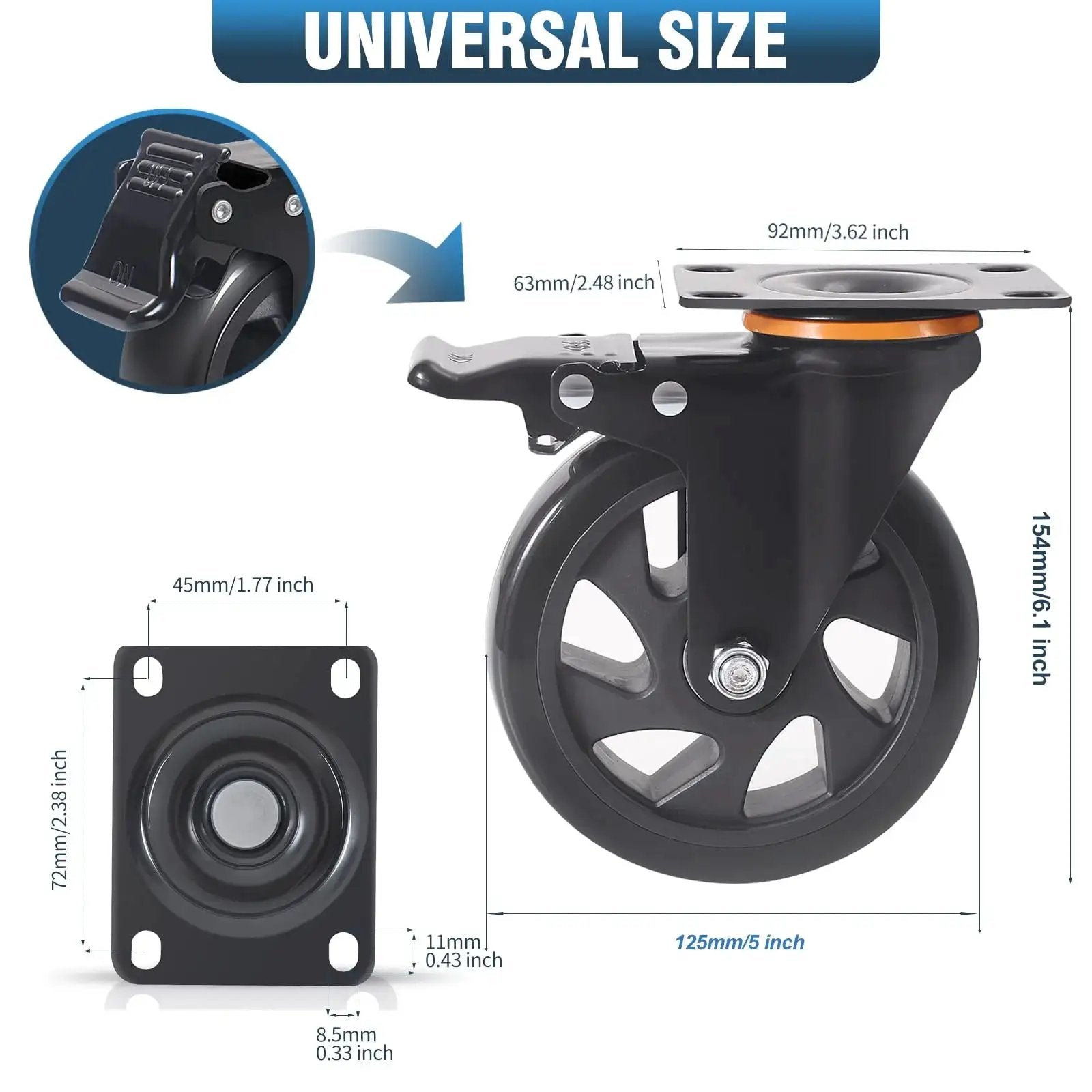 Diagram of 5 Inch Heavy Duty Caster Wheels Set Of 4 With Brakes And Dual Locking Safety Casters, wheel dimensions labeled