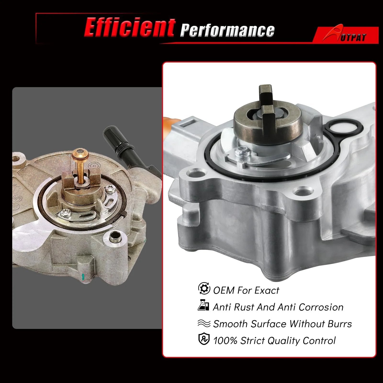 Vacuum Pump Compatible With Ford Fusion Edge Escape Explorer Focus Mustang Taurus Lincoln MKC Continental MKT And Land Rover LR2 2.0L EcoBoost 4 Cylinder 2012 2019 2013 2018 2015 2016 2017 Replacement OE LR047384, side view.