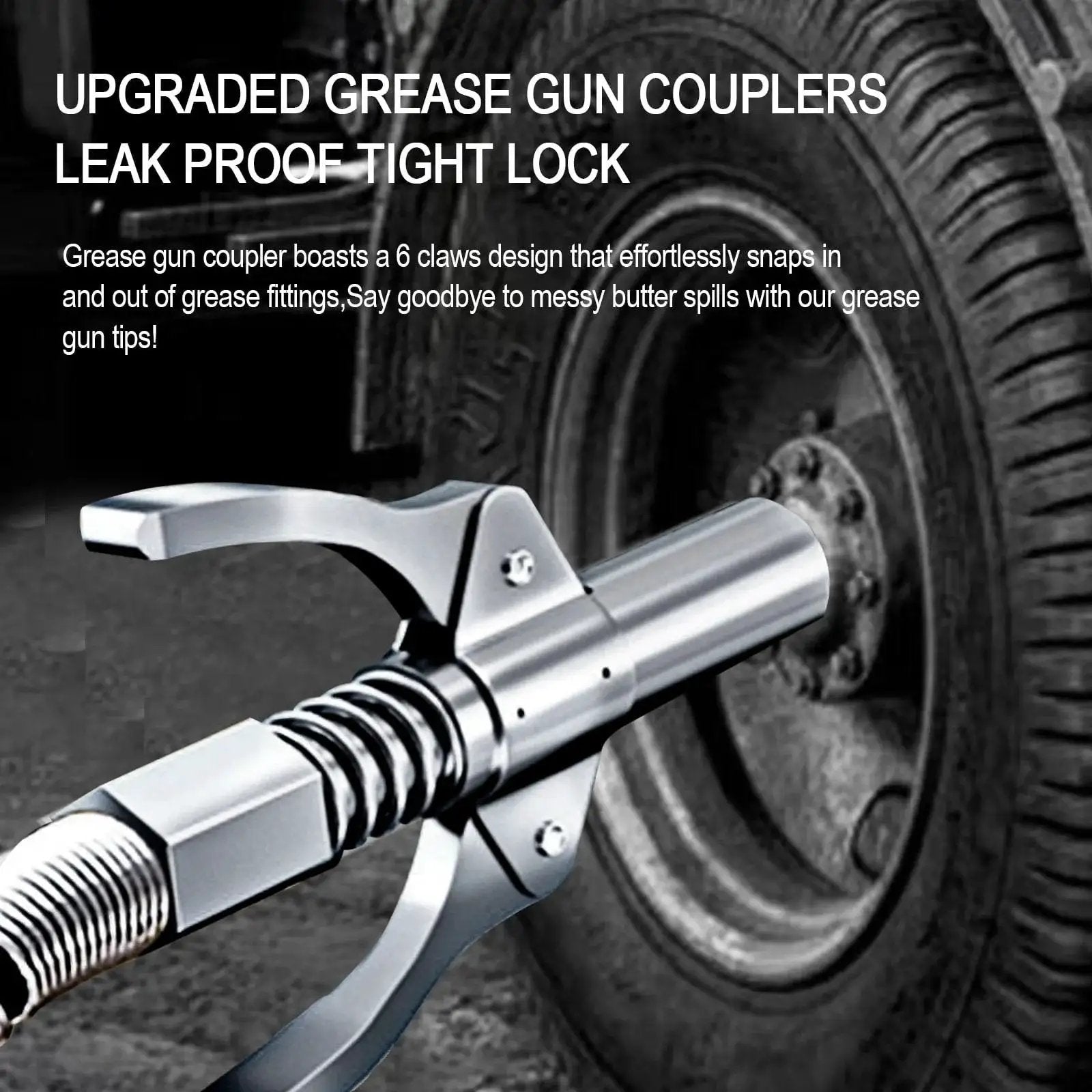 Grease Gun Coupler With Quick Lock And Double Handle Six Thickened Claws For Tight Fit Leak Proof Seal Up To 12000 PSI Works With All Grease Guns Ideal For Automobiles Farm Machinery Boats Marine Use And Heavy Equipment
