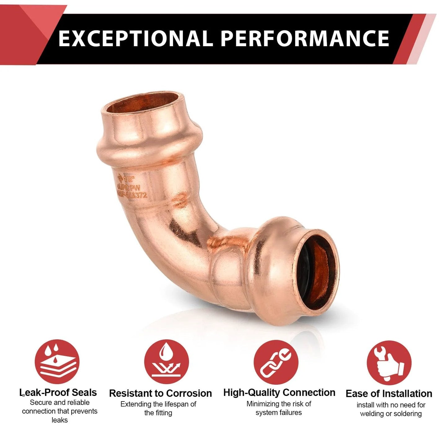 Front view of Pack Of 10 Copper Press Fit 90 Degree Elbow Fittings For One Half Inch Copper Tube Connections Pro Pack LBP Design Direct From A Major Plumbing Manufacturer With Quick Connect And Watertight Seal For Type M L K LF Copper Tubing EFIELD, showcasing corrosion resistance and ease of installation.