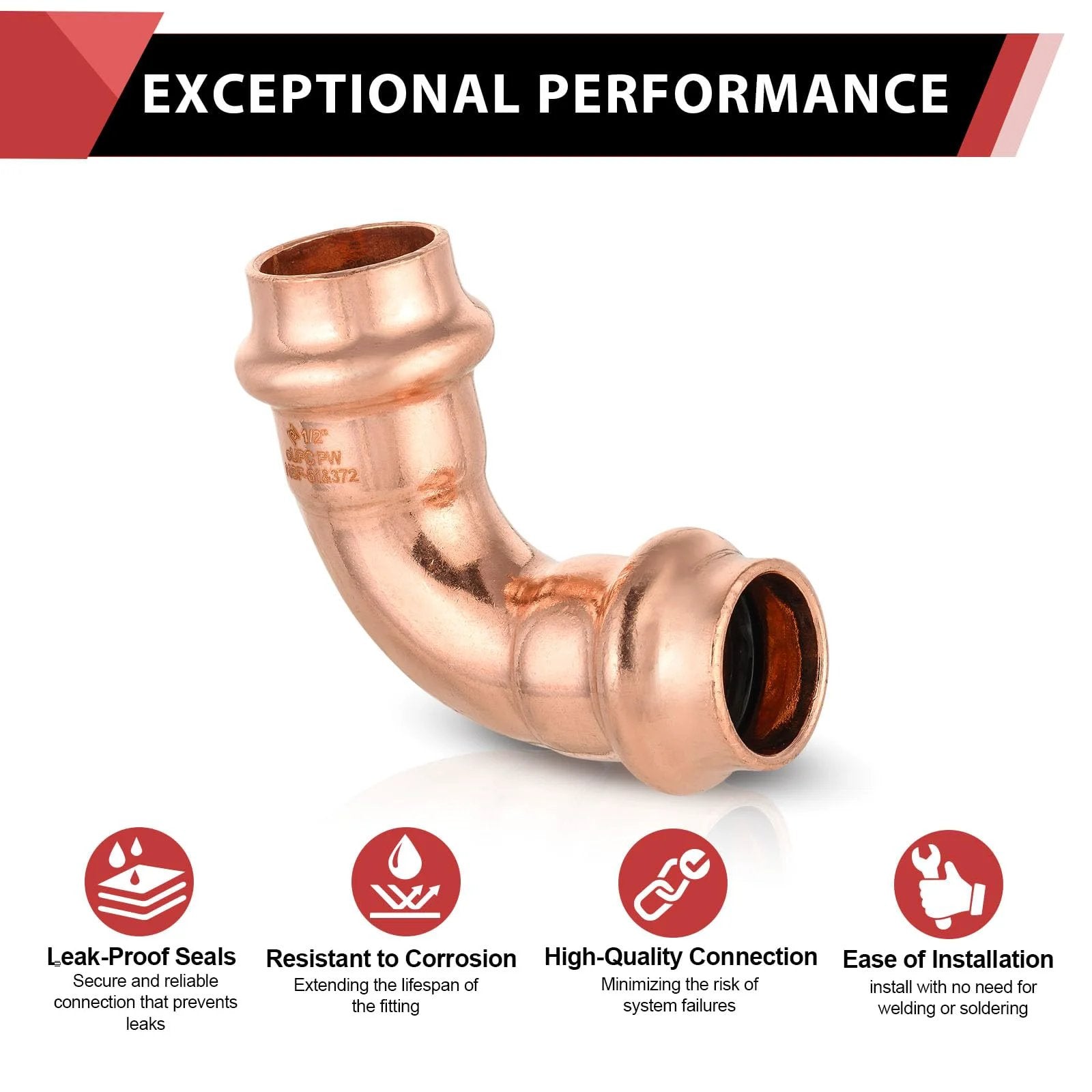 Front view of Pack Of 10 Copper Press Fit 90 Degree Elbow Fittings For One Half Inch Copper Tube Connections Pro Pack LBP Design Direct From A Major Plumbing Manufacturer With Quick Connect And Watertight Seal For Type M L K LF Copper Tubing EFIELD, showcasing corrosion resistance and ease of installation.