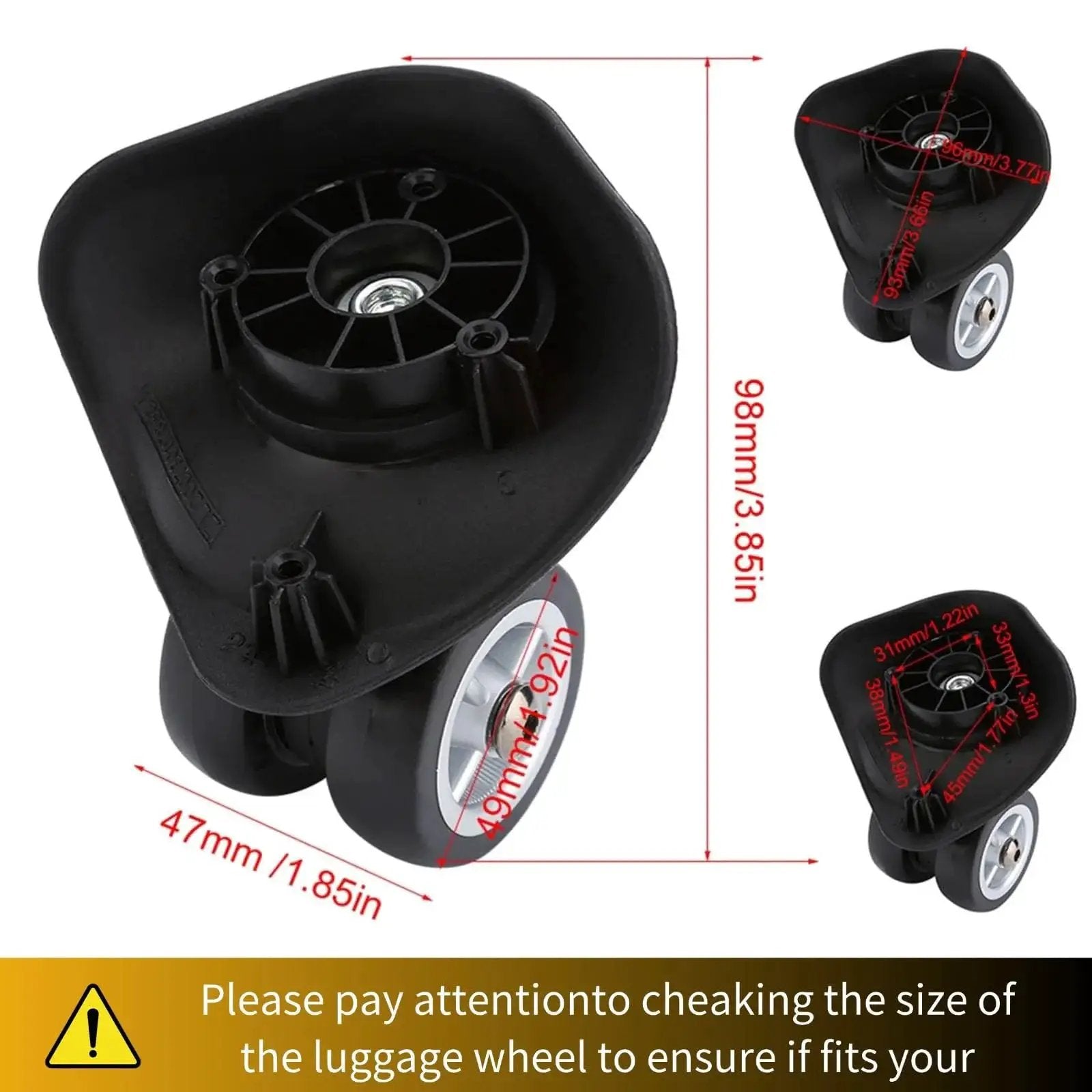 360 Degree Swivel PVC Suitcase Wheels Replacement Pair With Double Roller Bearings, size details shown in diagram