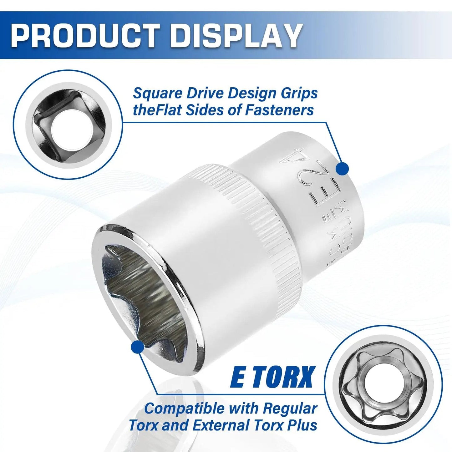 Close-up of a socket from 14-Piece Female E-Torx Socket Set With E4 Through E24 External Star Sockets For One Quarter Inch, Three Eighth Inch, And One Half Inch Drives, Pro Grade Cr-V Steel, Compatible With Regular And E-Torx Plus, Auto Repair Kit With Storage Case