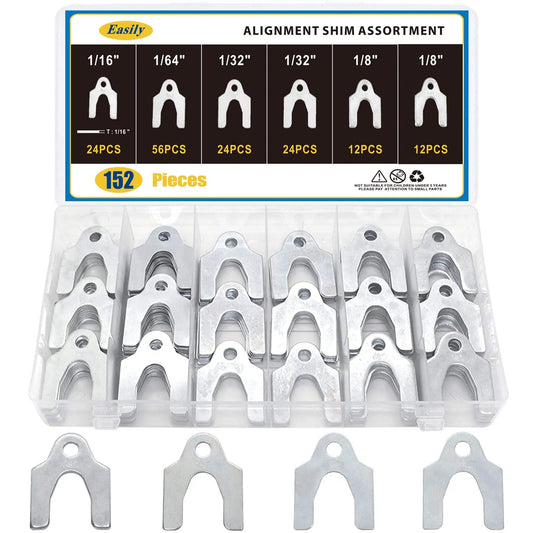 152 Piece Auto Alignment Shims Kit For Car Body And Suspension Adjustment With Zinc Plated Spacers In 1/64 1/32 1/16 And 1/8 Inch Sets For Camber And Caster Tuning Rust Resistant And Durable in storage case.
