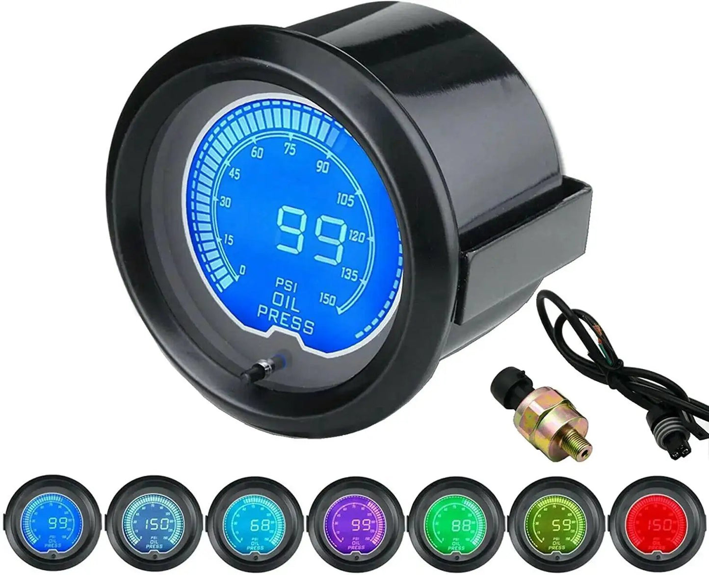 7 Color LED Oil Pressure Gauge Kit For Car And Truck With 0-150 PSI Readout, showing blue display and sensor