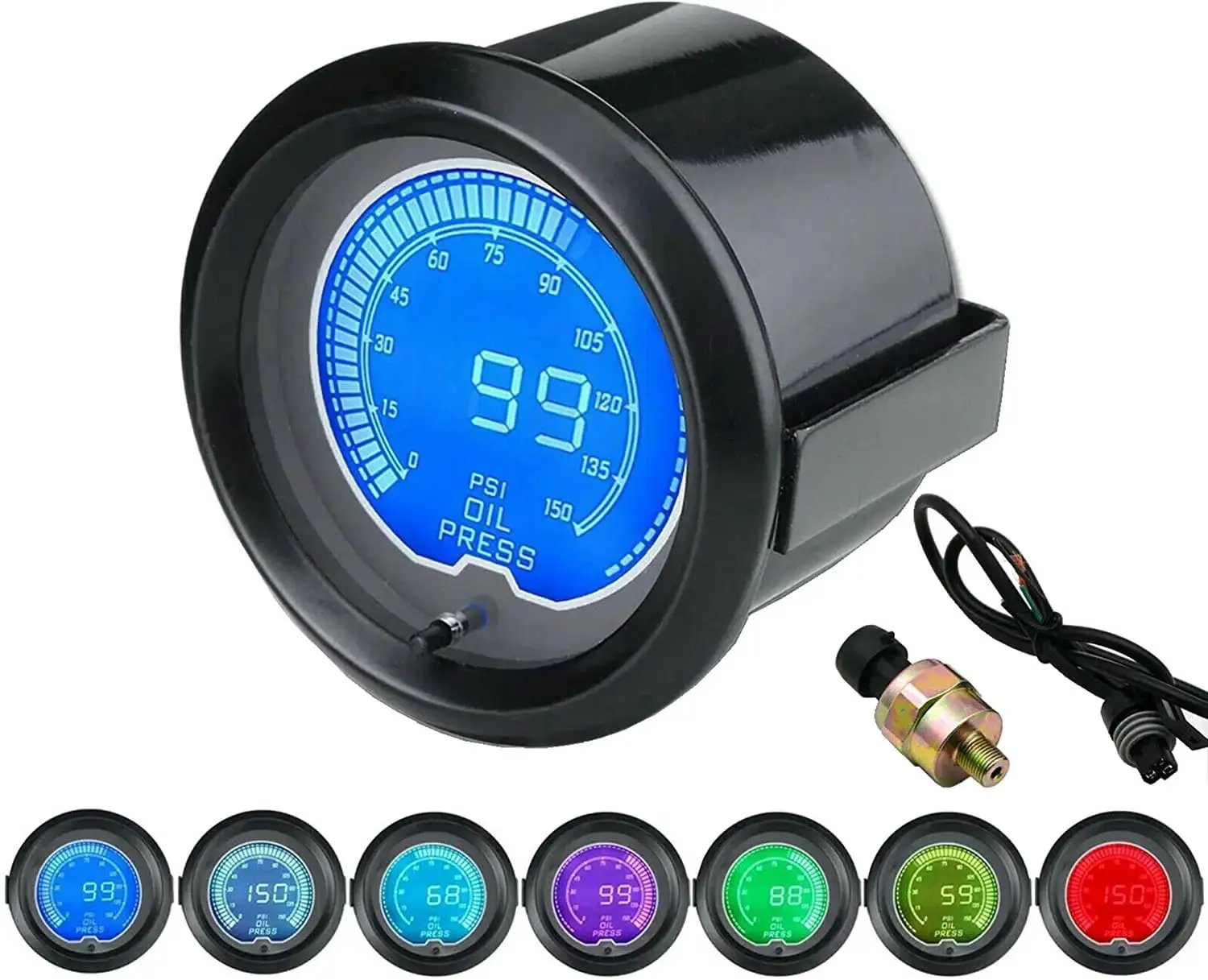7 Color LED Oil Pressure Gauge Kit For Car And Truck With 0-150 PSI Readout, showing blue display and sensor
