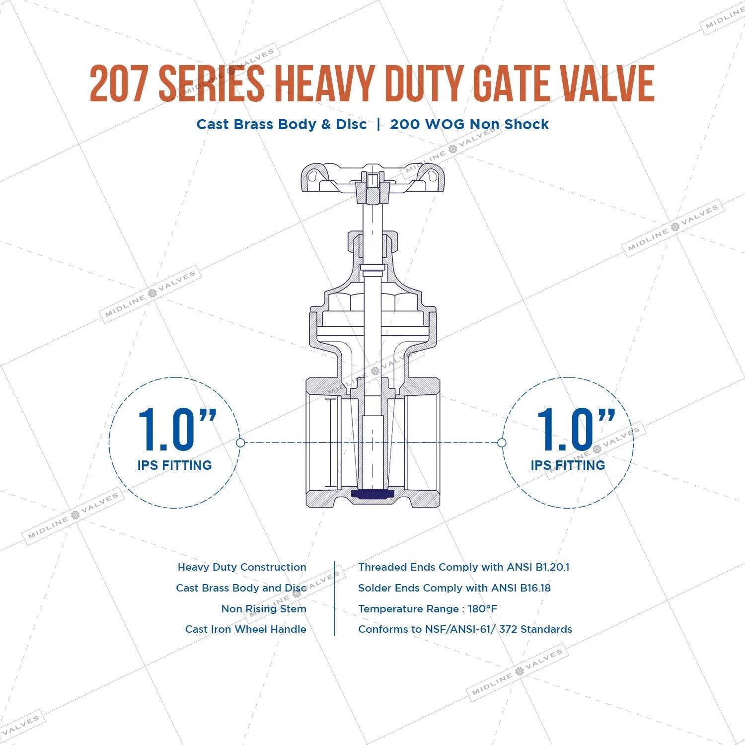 Diagram of Heavy Duty Gate Valve With Wheel Handle For Home Or Pro Plumbing Workhorse, 1 In Cast Brass Water Shutoff, 1 In FIP Connections.
