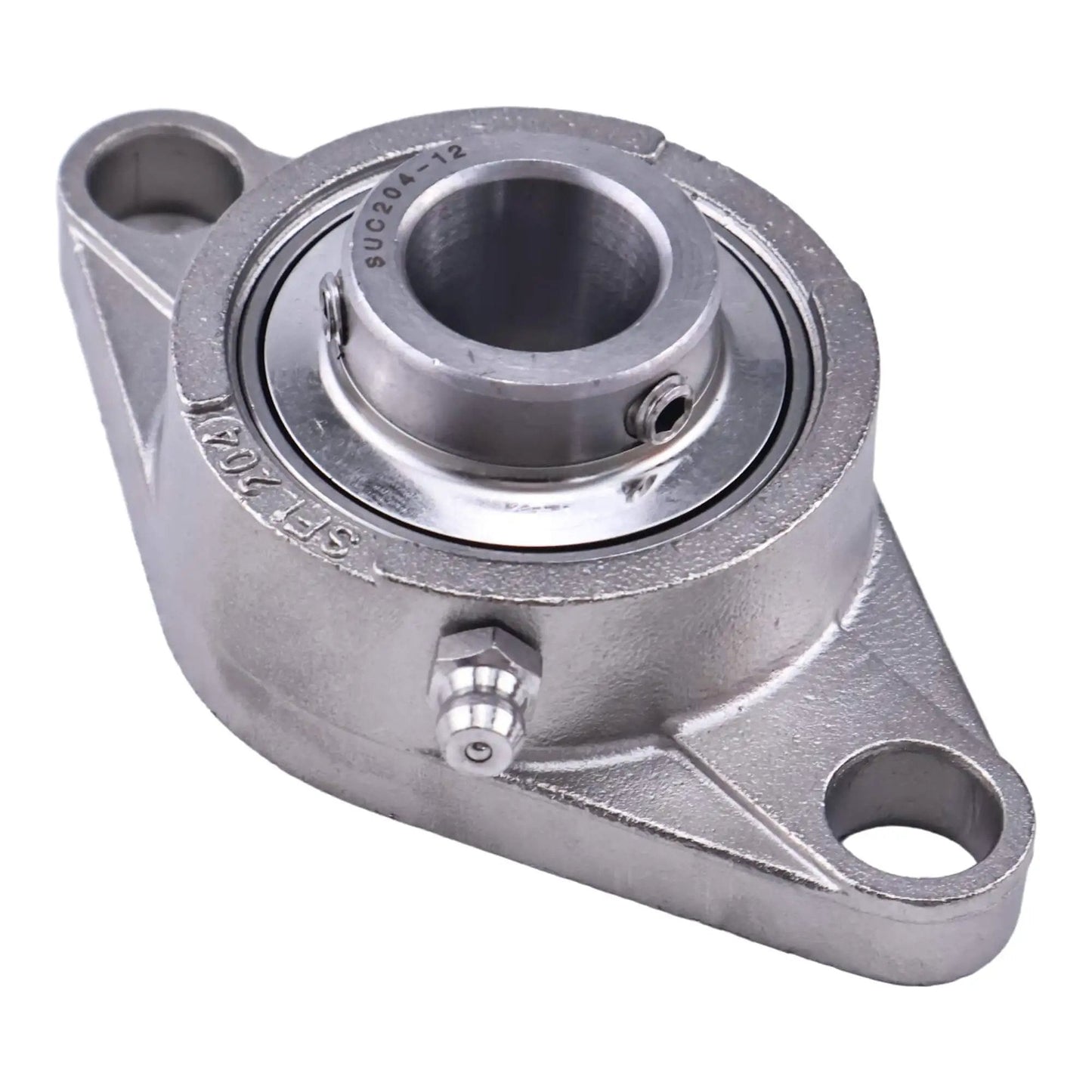 Front view of Three Quarter Inch Stainless Steel Two Bolt Flange Bearing For Shaft MUNCFL204-12 SSUCFL204-12 YCJT PT Replacement Part.