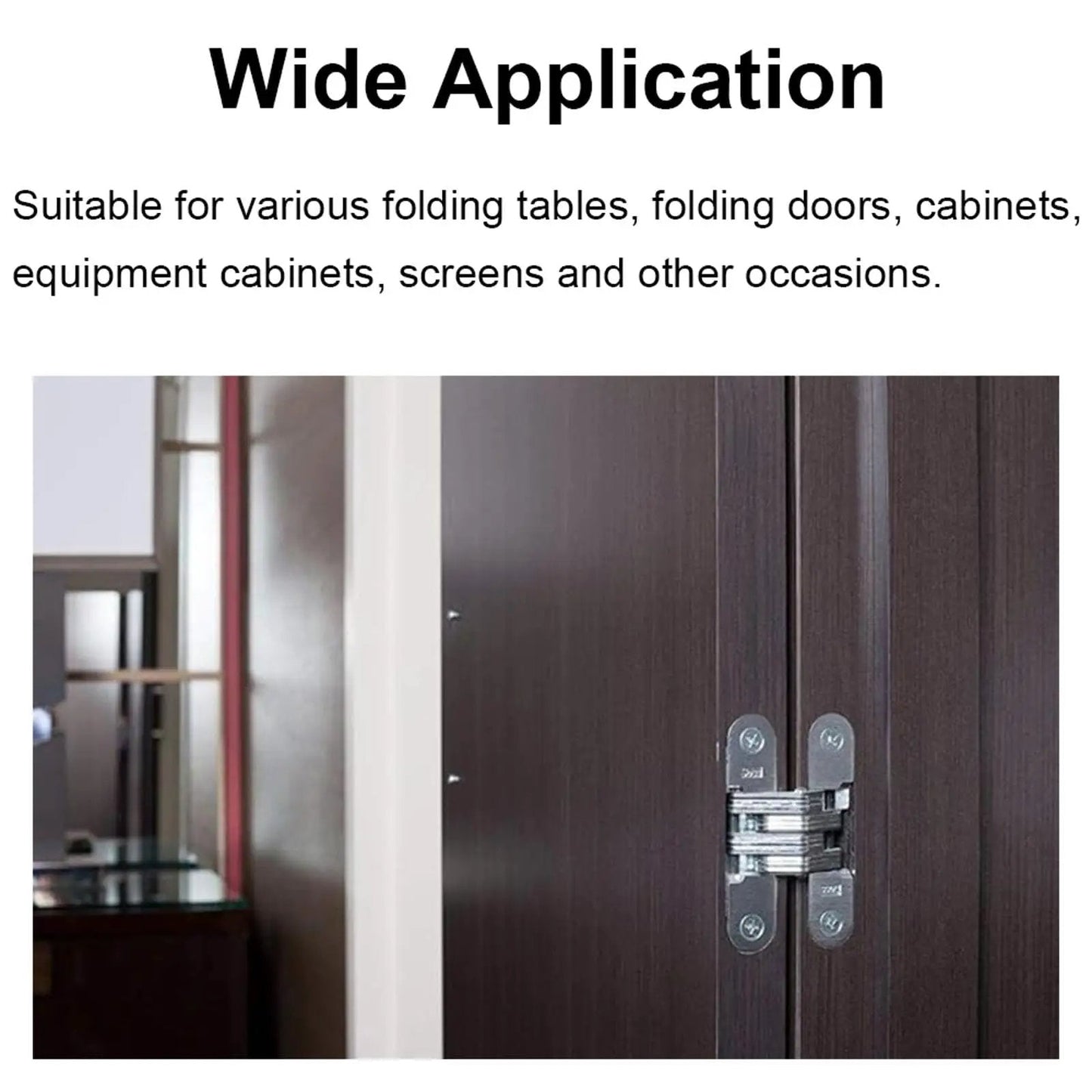 Hidden Door Hinge Set 6 Pieces, Invisible Cross Hinge 180 Degree Folding installed on a dark wooden cabinet door.
