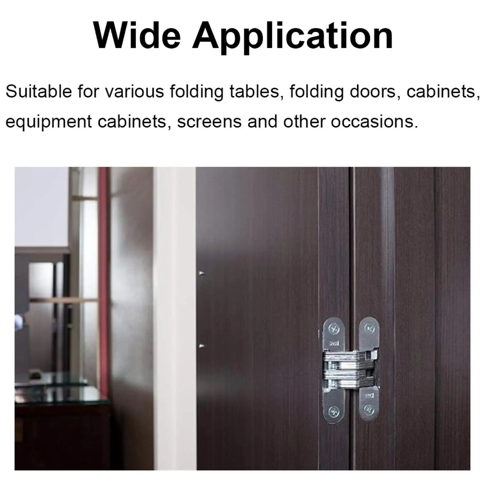 Hidden Door Hinge Set 6 Pieces, Invisible Cross Hinge 180 Degree Folding installed on a dark wooden cabinet door.