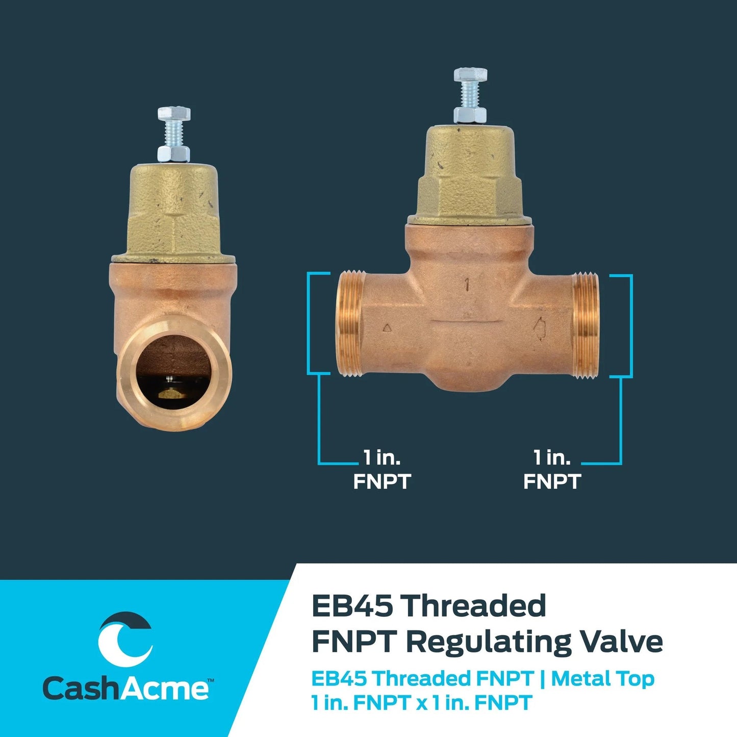 Direct Adjust Water Pressure Regulator Valve 1 Inch NPT Threaded With Metal Top 60 PSI Setting, front and side view