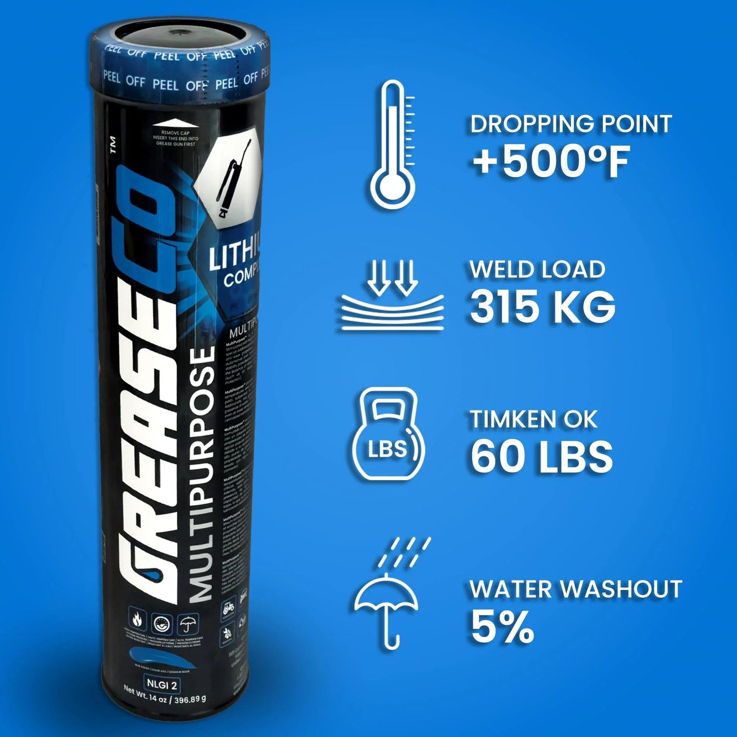 All Purpose High Temp Wheel Bearing Grease Tube With Lithium Complex For Automotive Axles Ball Joints CV Joints And More Blue Single Cartridge NLGI 2 Multipurpose Lubricant For Tractors Trucks Boats Marine Use with performance icons.