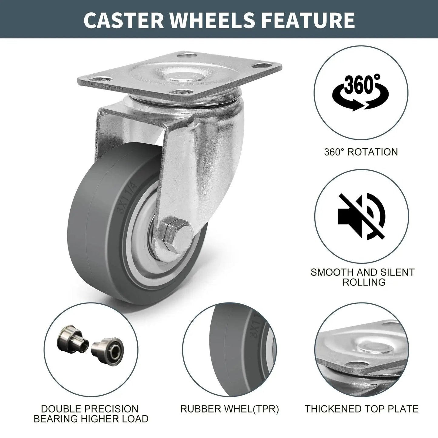 Heavy Duty 3 Inch Caster Wheels Set Of 4 With Brakes Swivel And Rigid Non Marking Rubber Quiet Casters featuring 360-degree rotation and silent rolling