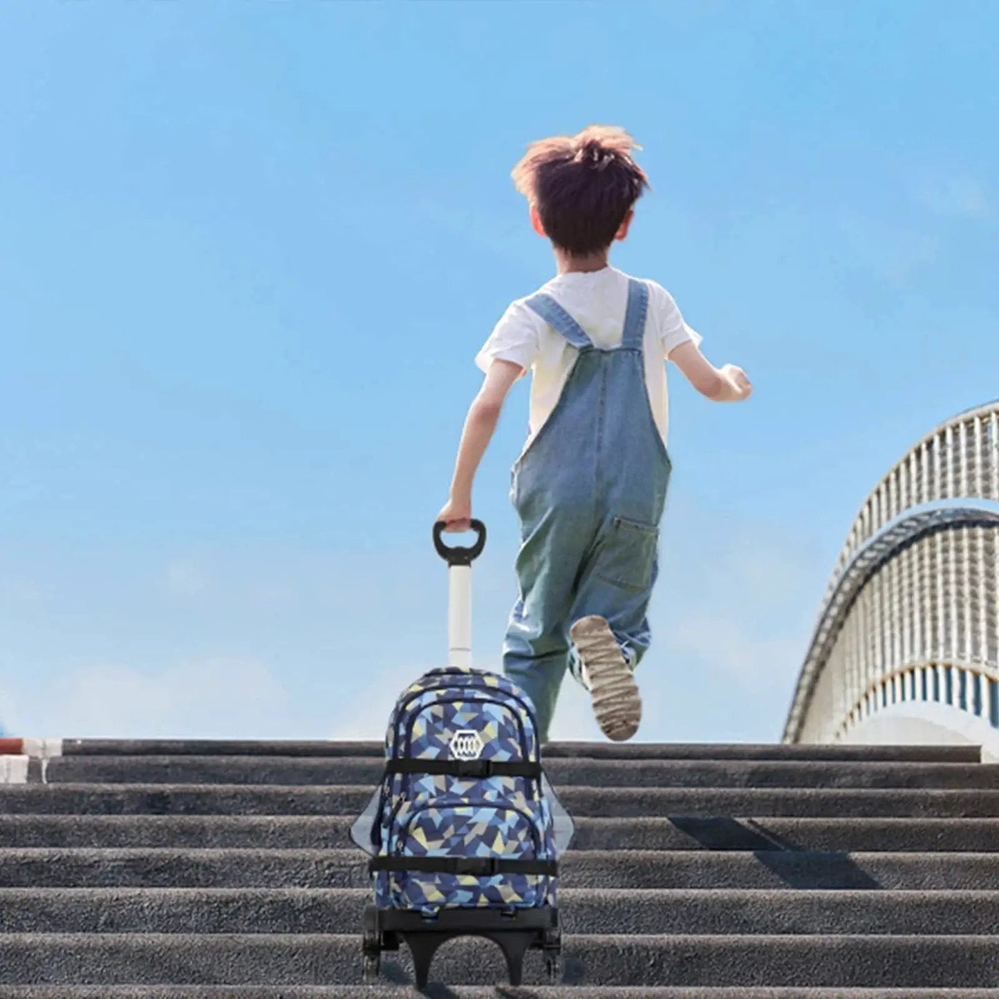 Child pulling Foldable Backpack Trolley With Aluminum Alloy Frame Six Wheel Luggage Cart for school on stairs.