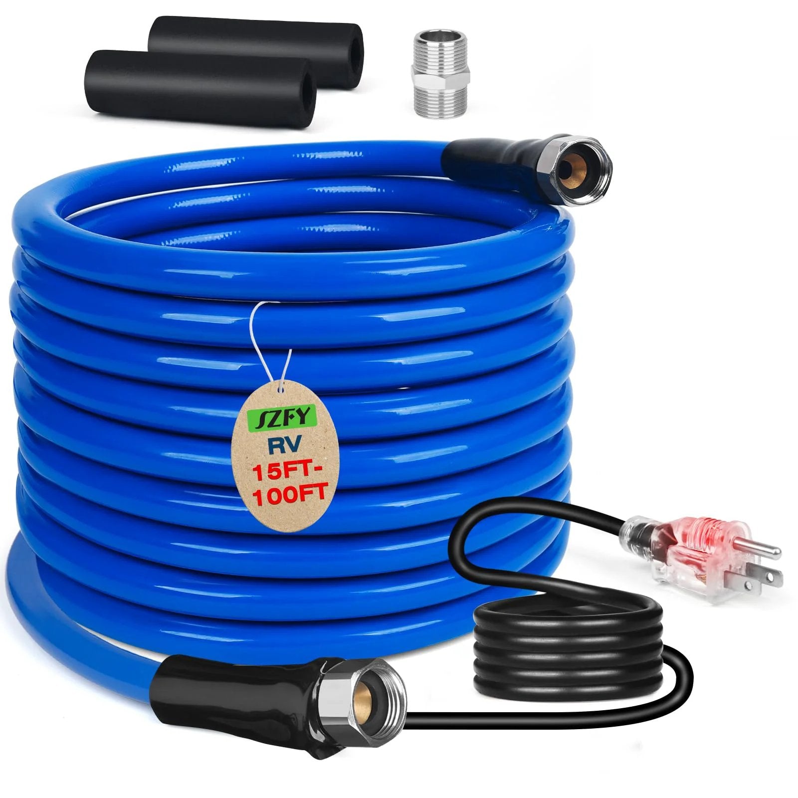 Blue coiled Heavy Duty 50 Foot Heated Water Hose for RVs and Campers with One Half Inch Inner Diameter Freeze Protection Down To Minus Forty Fahrenheit Ideal for Garden Farm and Home Use When Temperatures Drop, shown with fittings and plug.