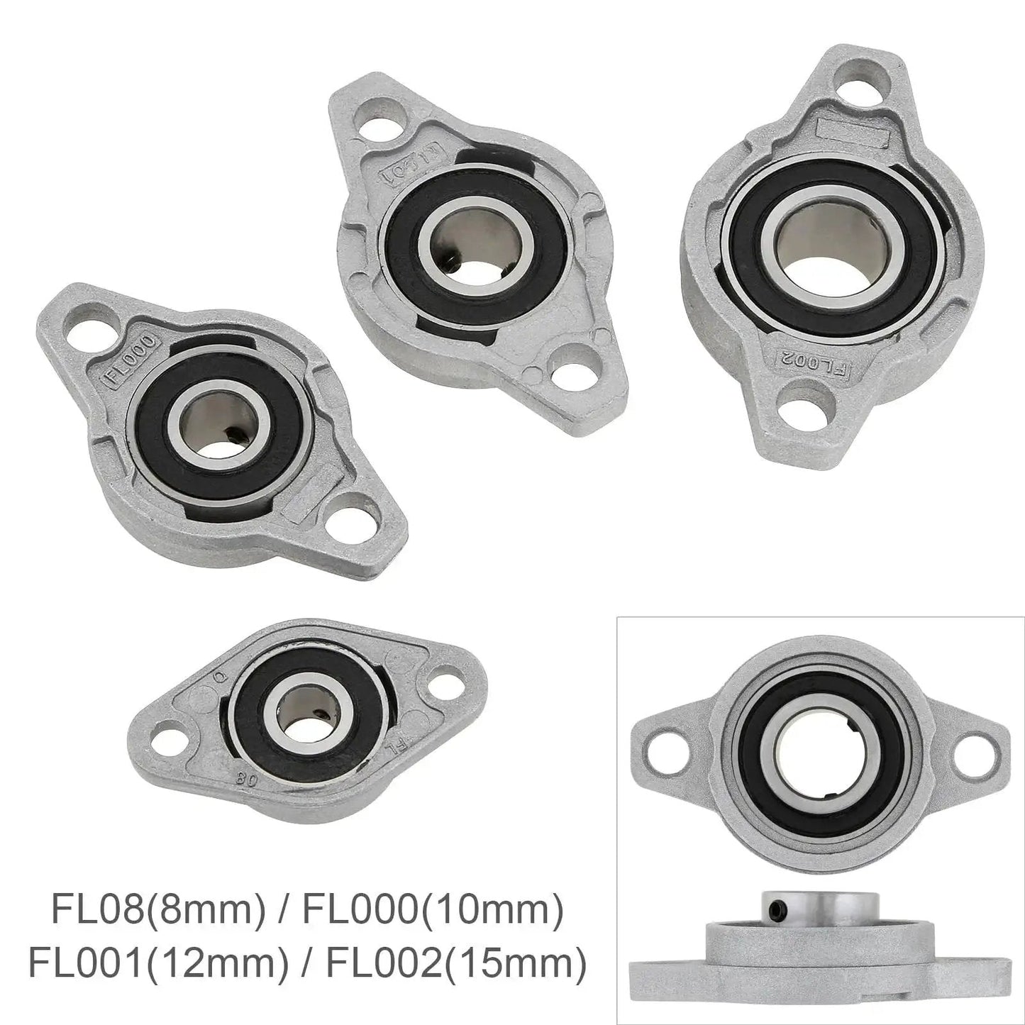 Four Pack KFL08 Pillow Block Bearings For 8mm Shafts, Flange Mounted Zinc Alloy Housing, 8mm Bore, multiple views.